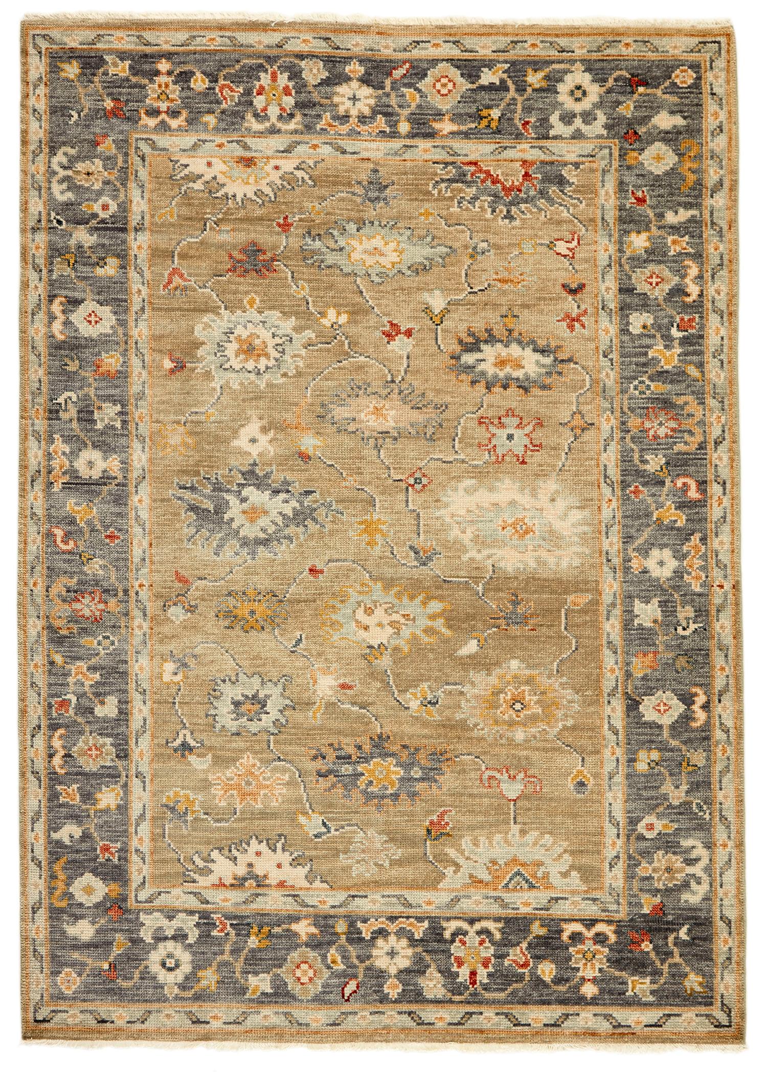 authentic Oriental rug with traditional motifs in red, orange, grey, beige and brown