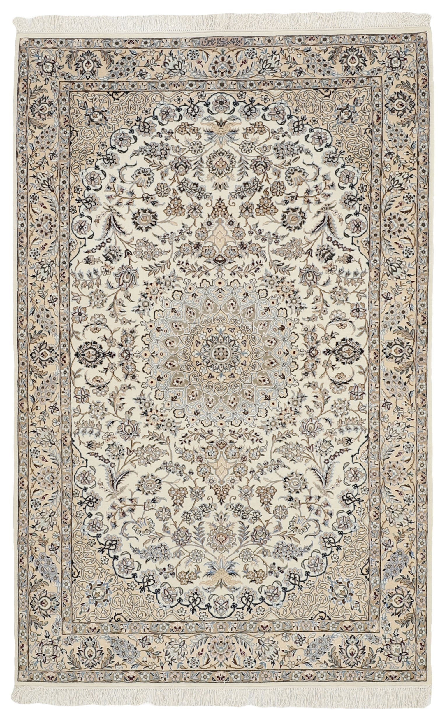 Authentic oriental rug with traditional floral design in cream, red, blue and beige