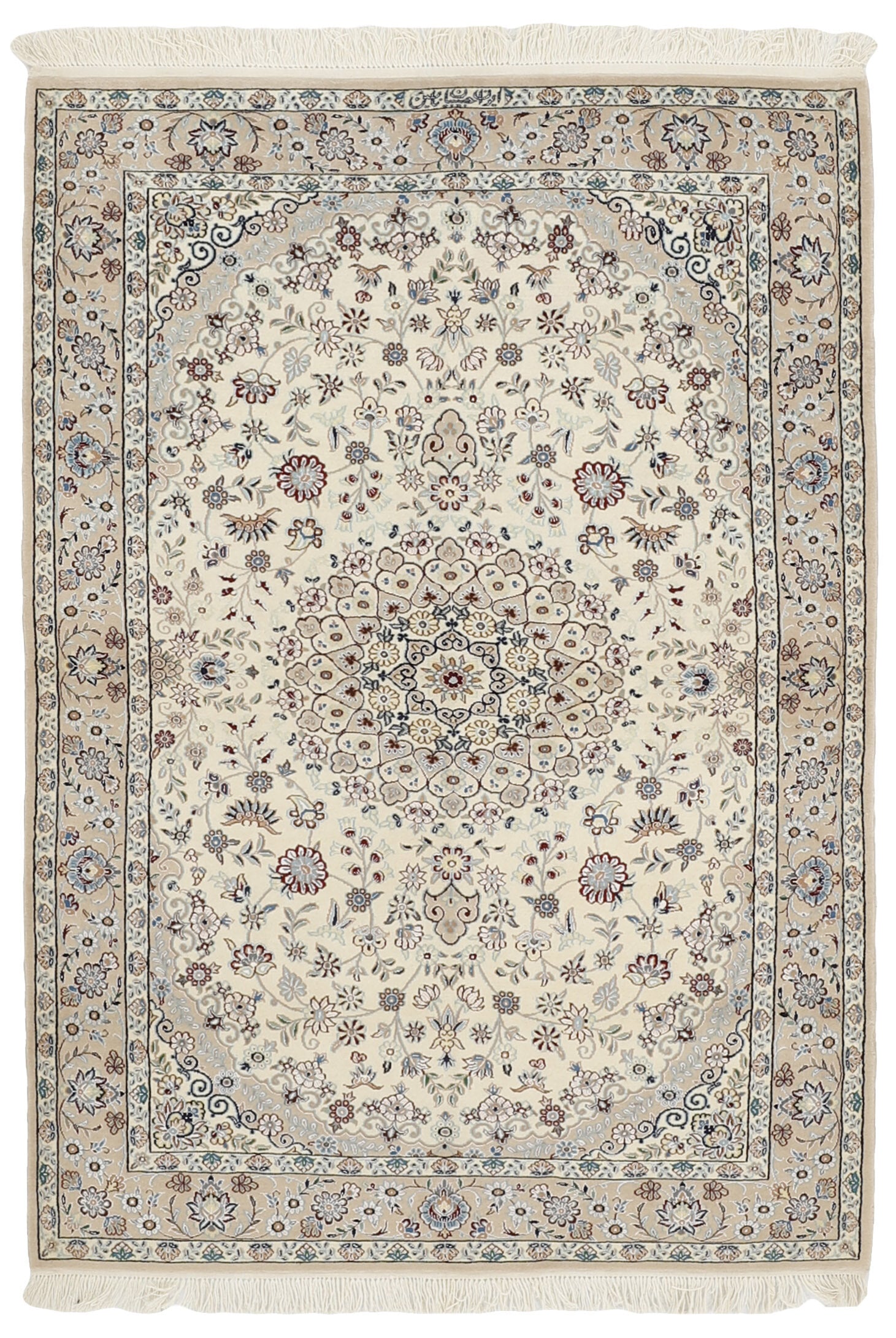 Authentic oriental rug with traditional floral design in cream, red and blue