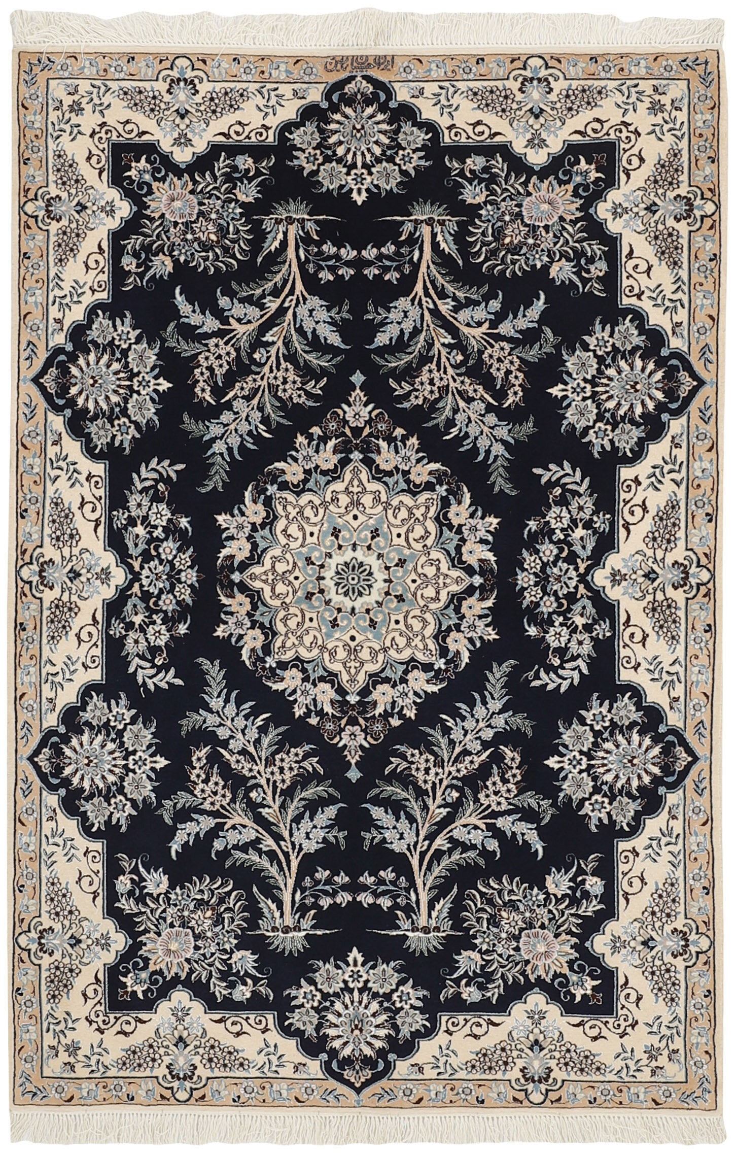 Authentic oriental rug with traditional floral design in cream, red and black