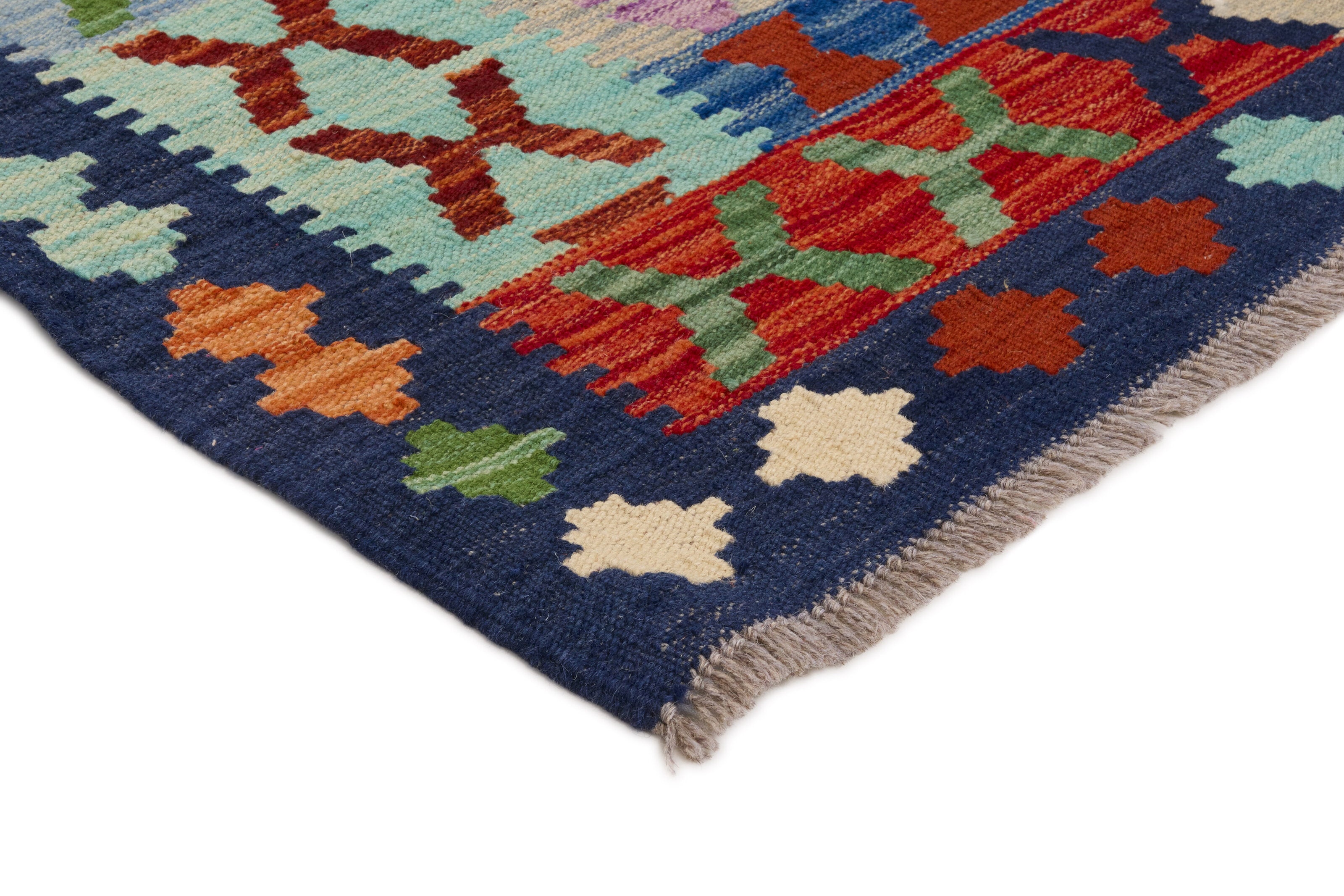 Authentic Afghan Kelim flatweave rug with traditional multicolour pattern.