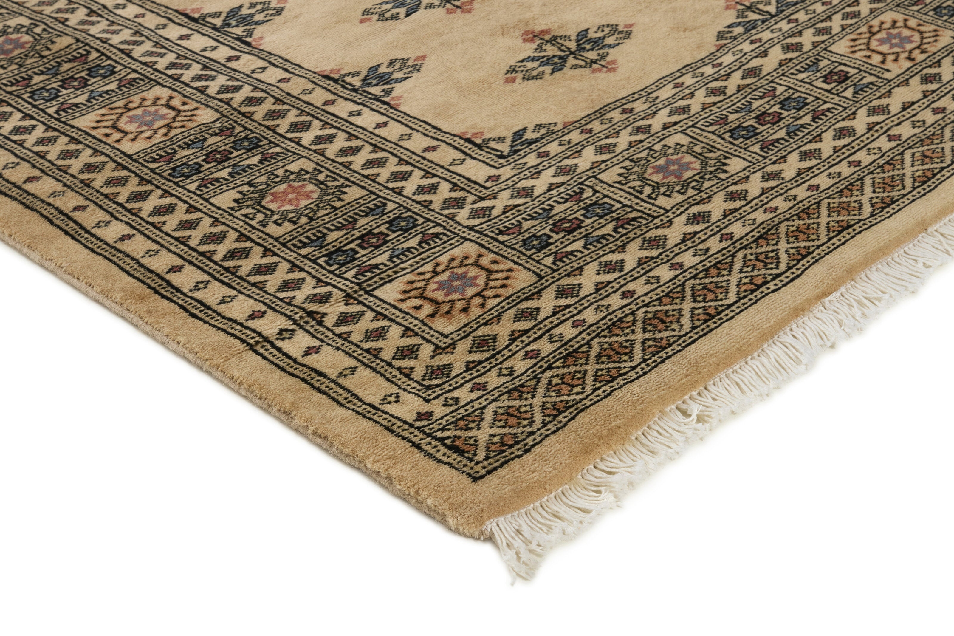 Beige Oriental rug with traditional bordered pattern