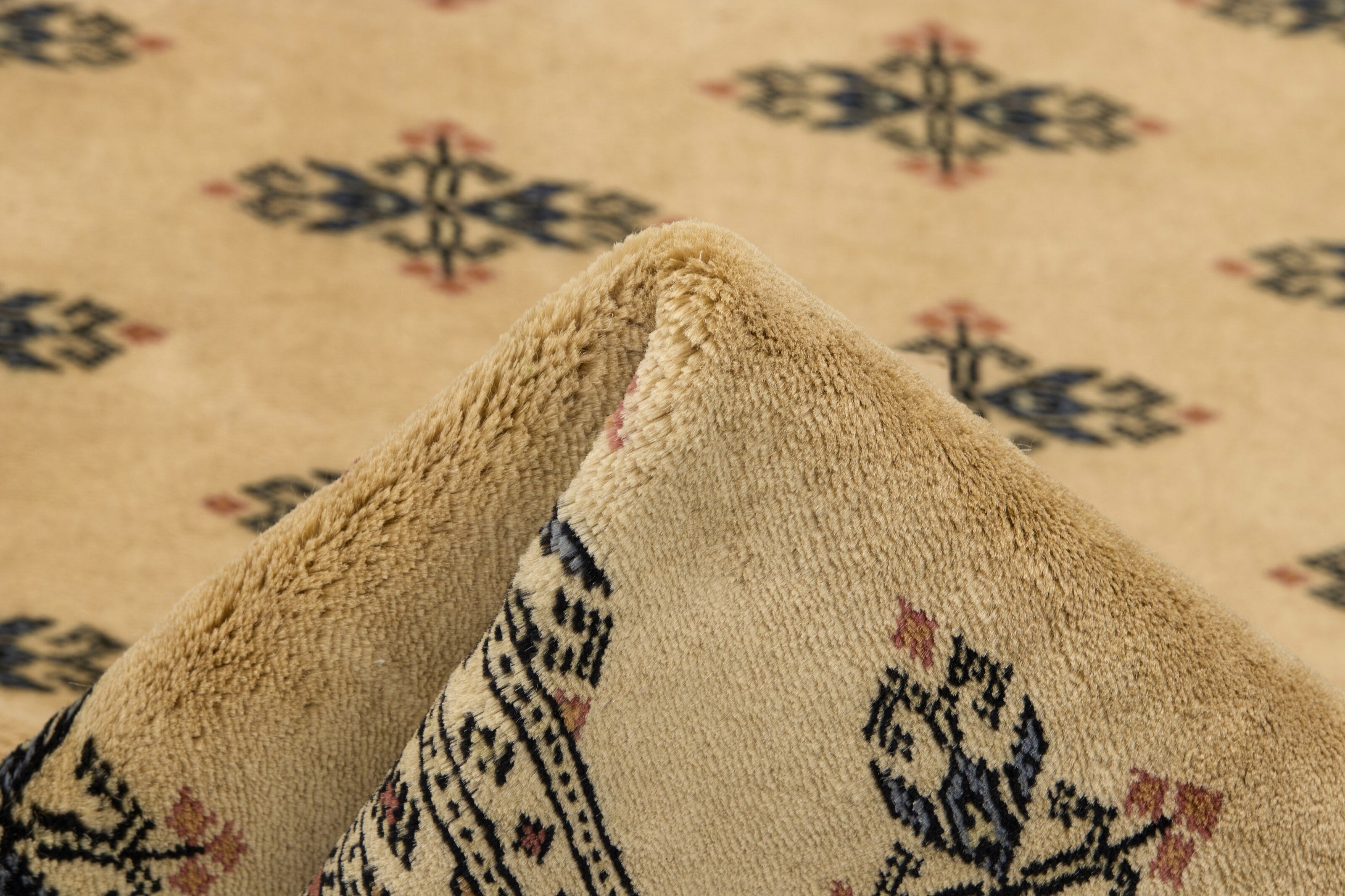 Beige Oriental rug with traditional bordered pattern