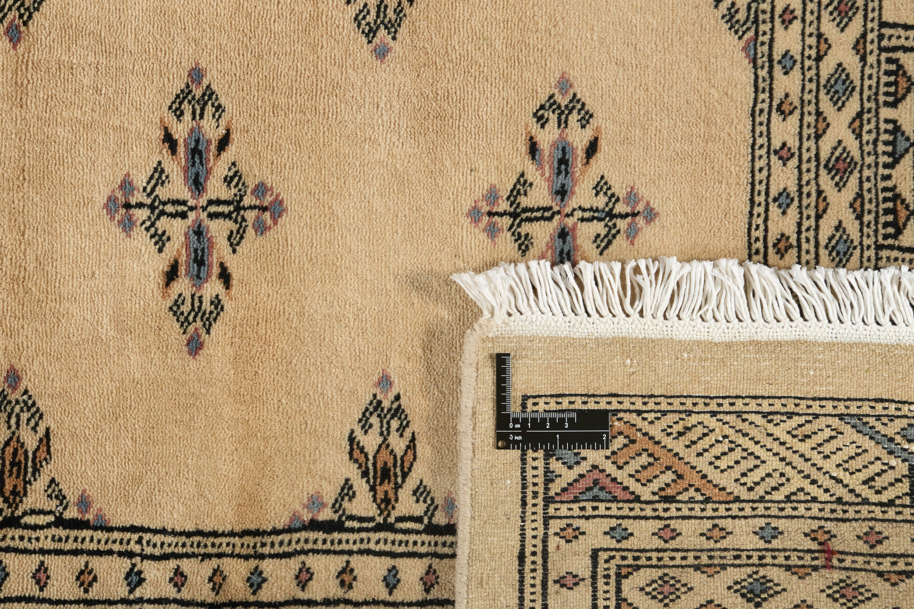 Beige Oriental rug with traditional bordered pattern