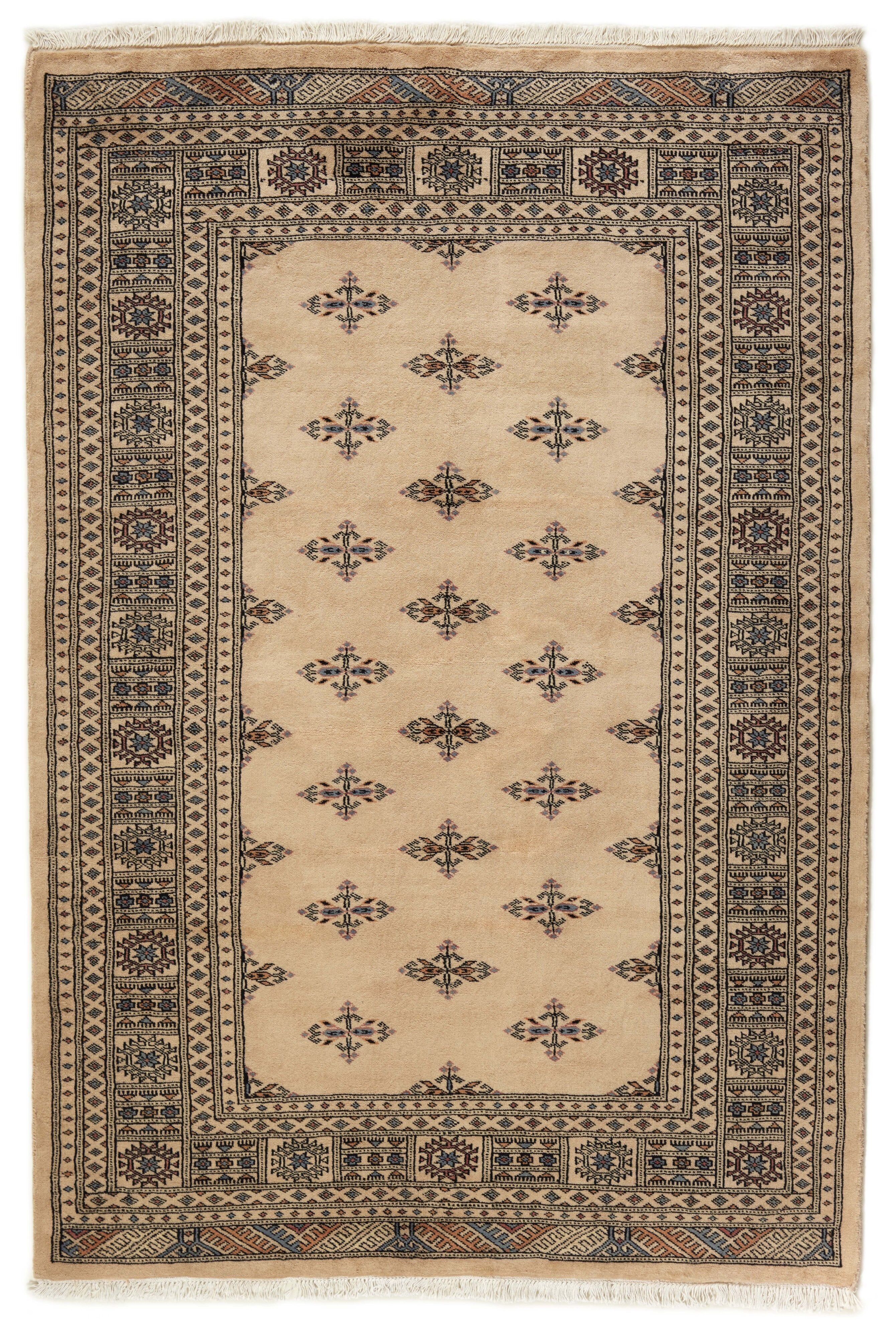 Beige Oriental rug with traditional bordered pattern