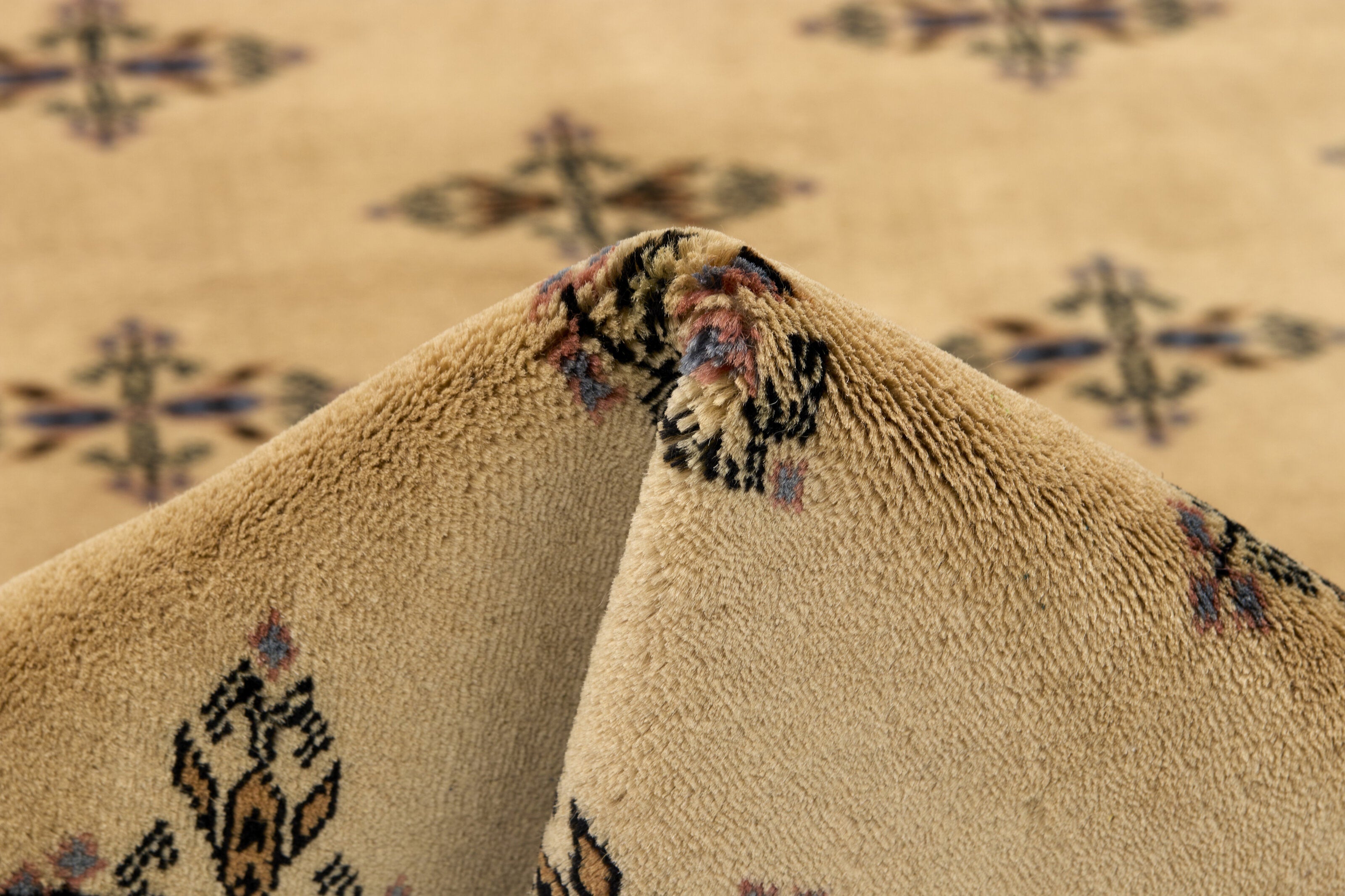 Beige Oriental rug with traditional bordered pattern