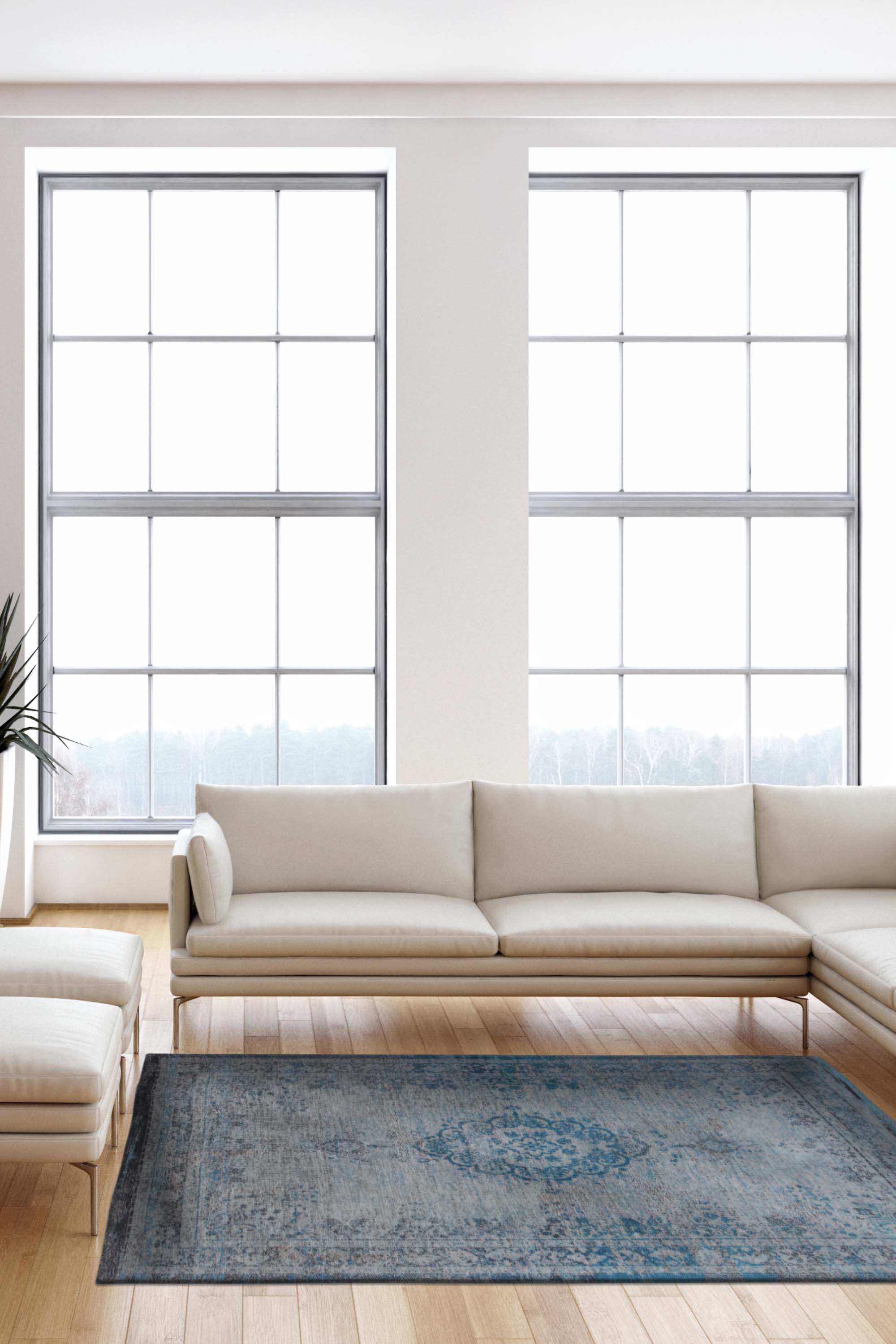 Grey and blue flatweave rug with faded persian design