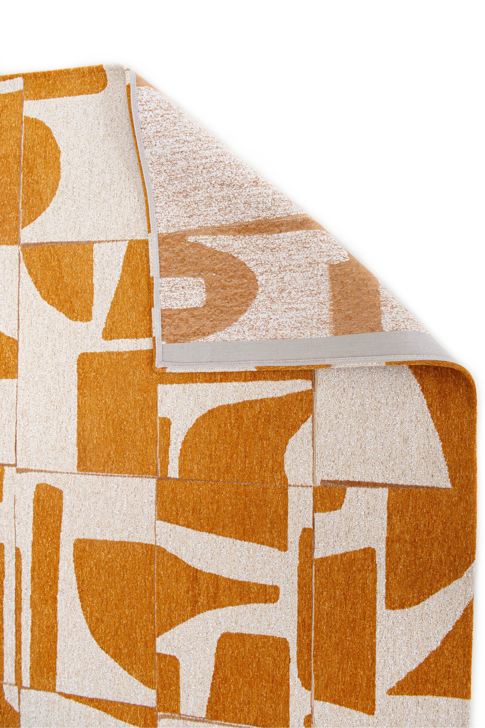 Modern abstract runner rug with yellow patchwork pattern