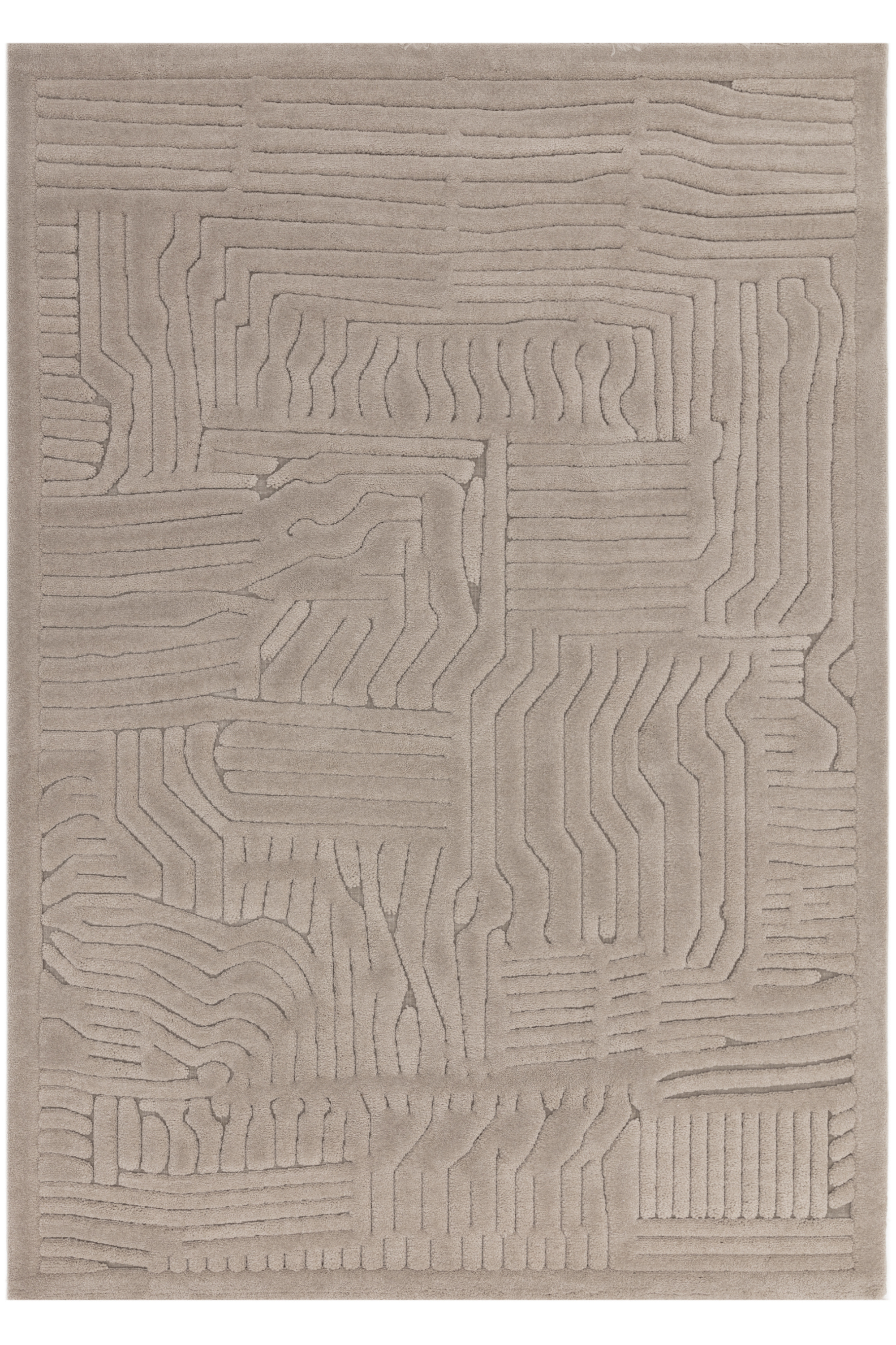 Beige rug with high-low pile and minimal geometric pattern