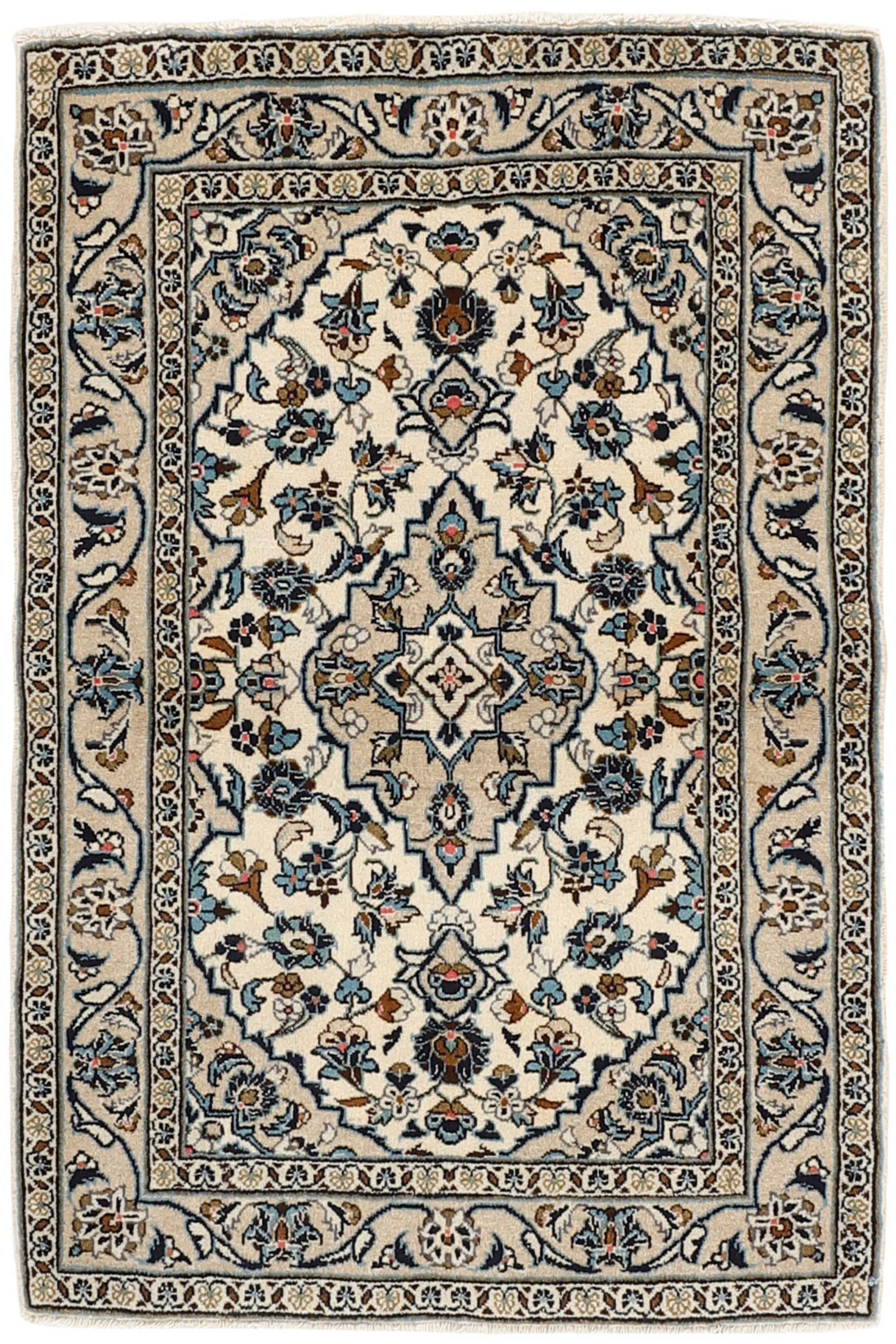 Cream and blue bordered Persian Keshan Fine rug