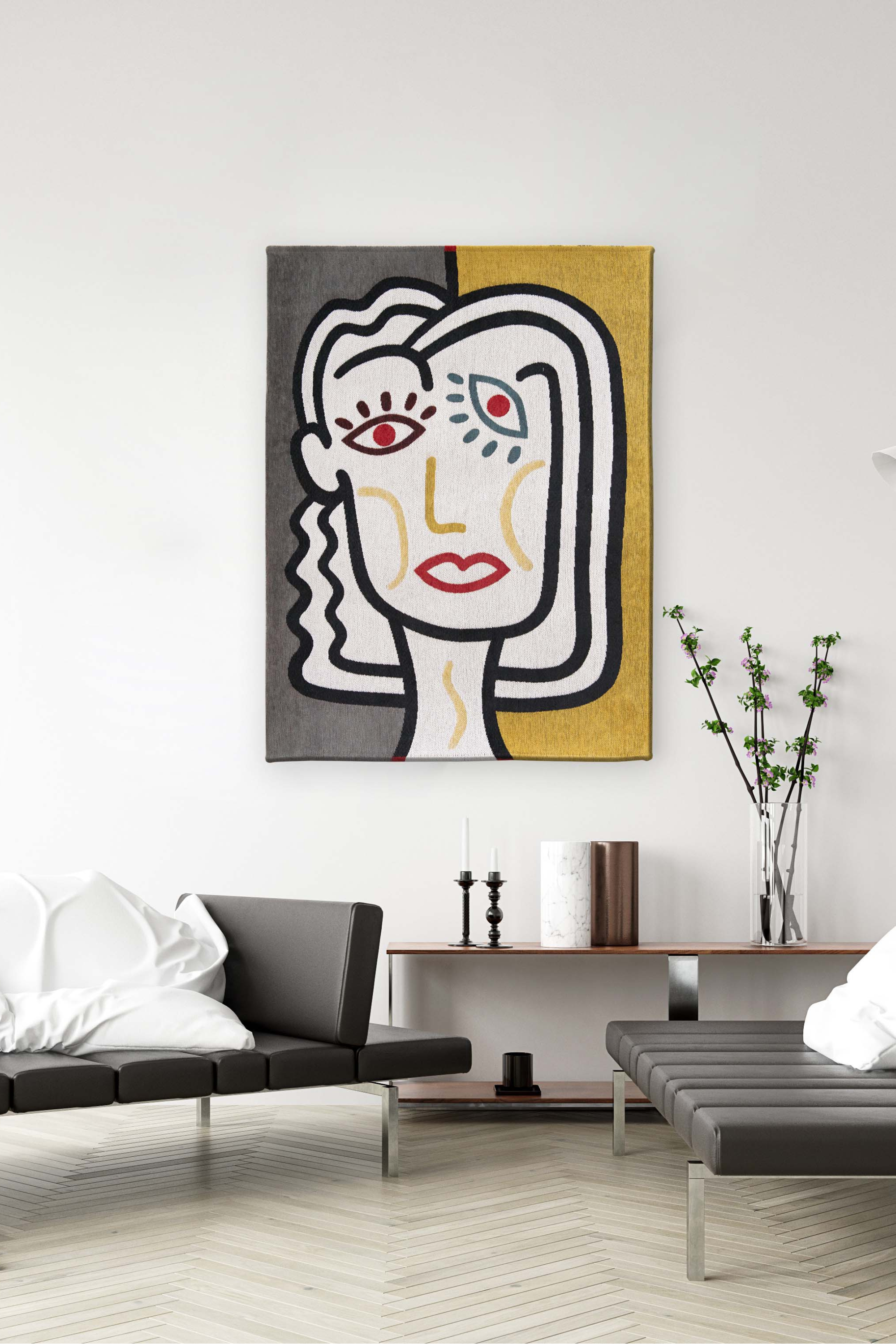 yellow, blue and red rug with an abstract face