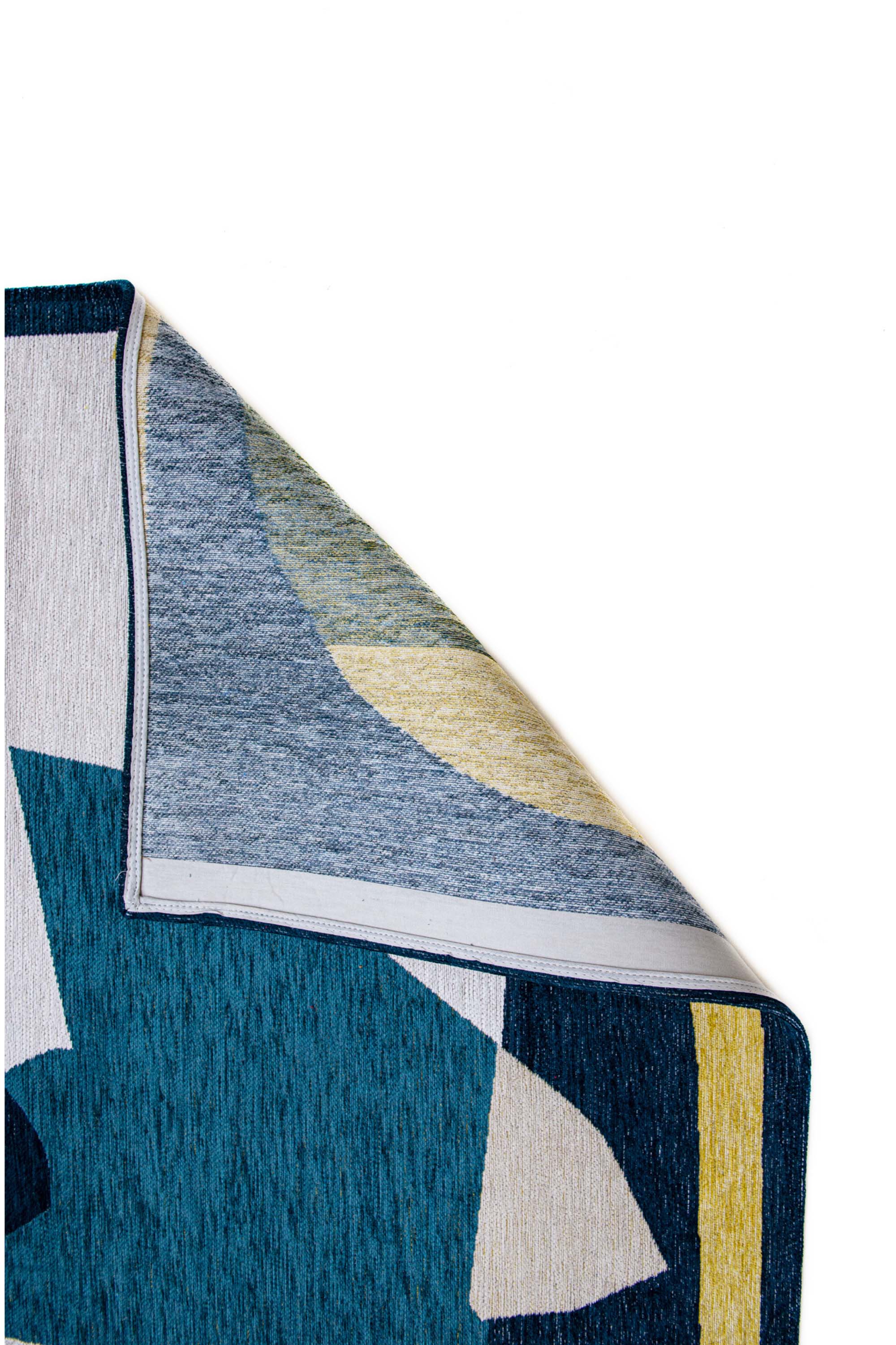 Modern rug with blue and yellow abstract pattern