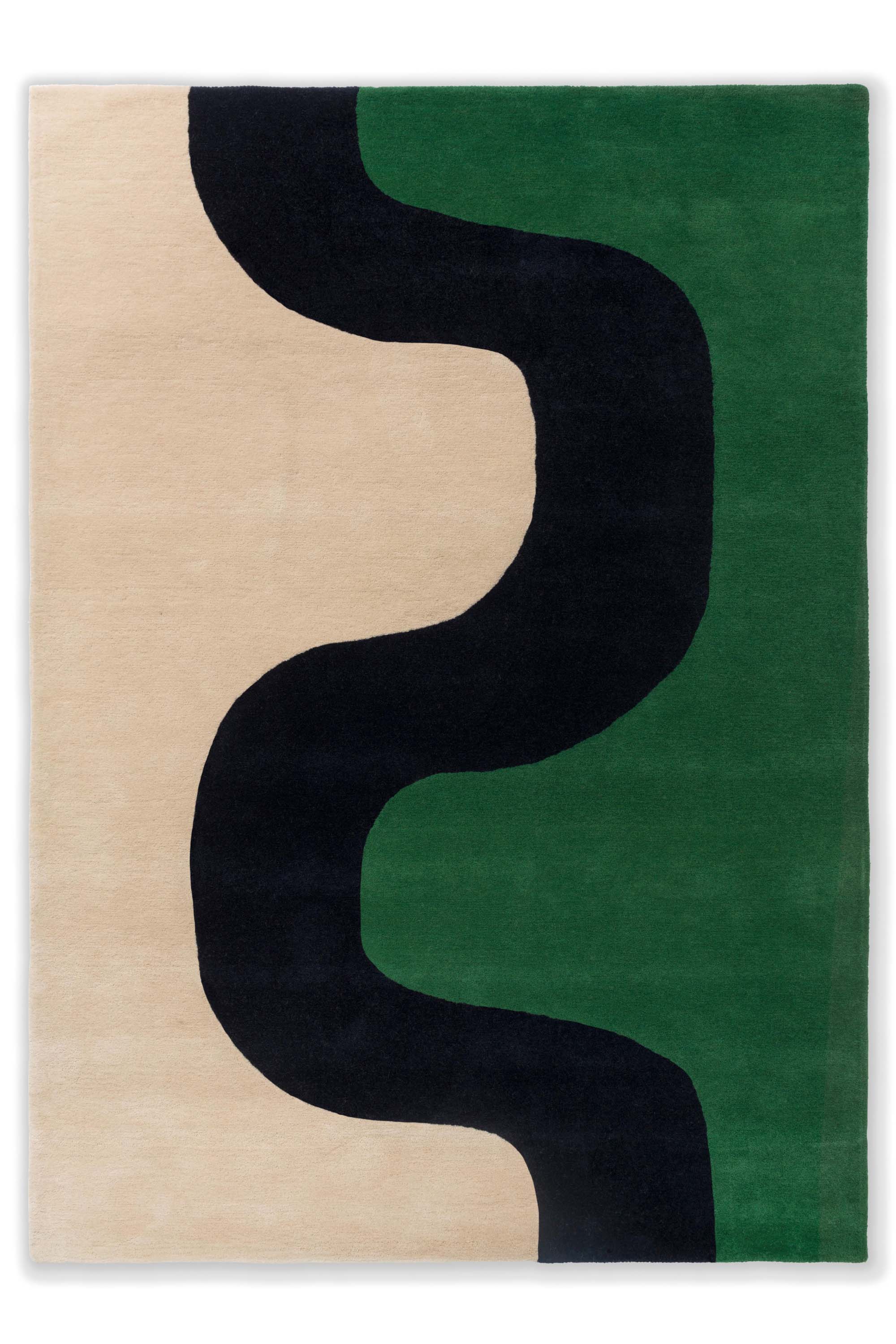 Beige and green rug with cream blue pattern