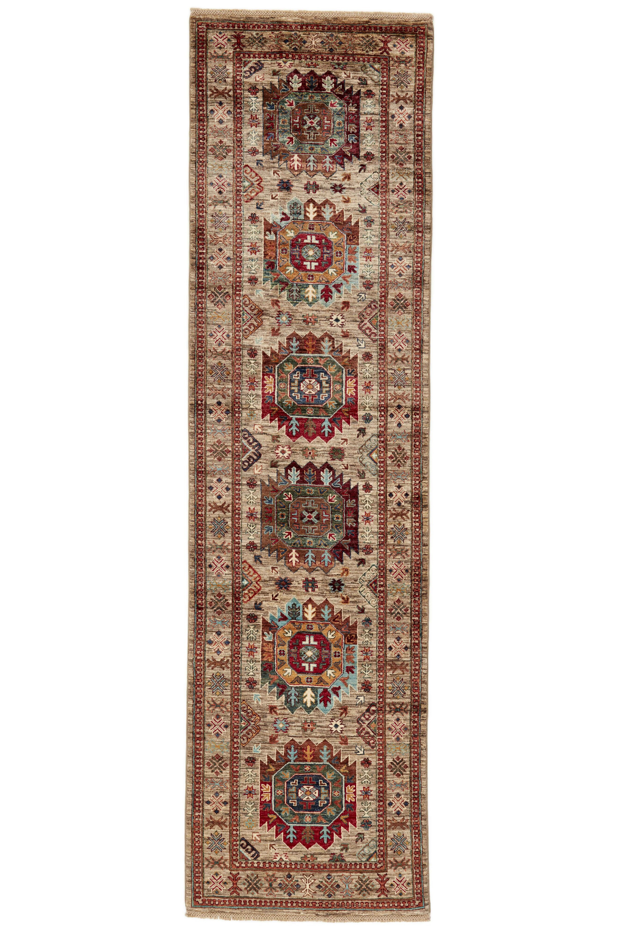 Beige oriental wool runner with a traditional bordered multicolour pattern
