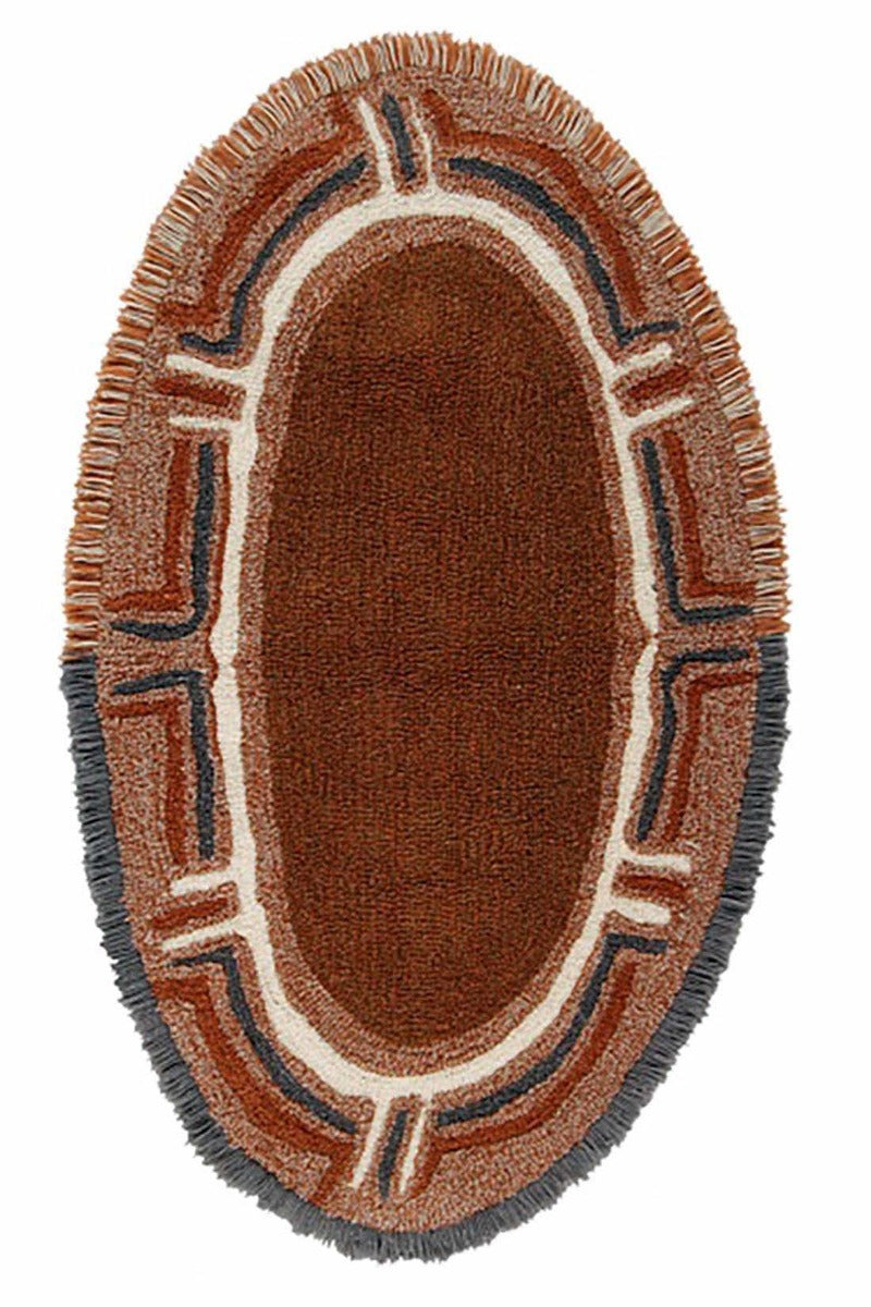 brown oval shaped rug with tribal design
