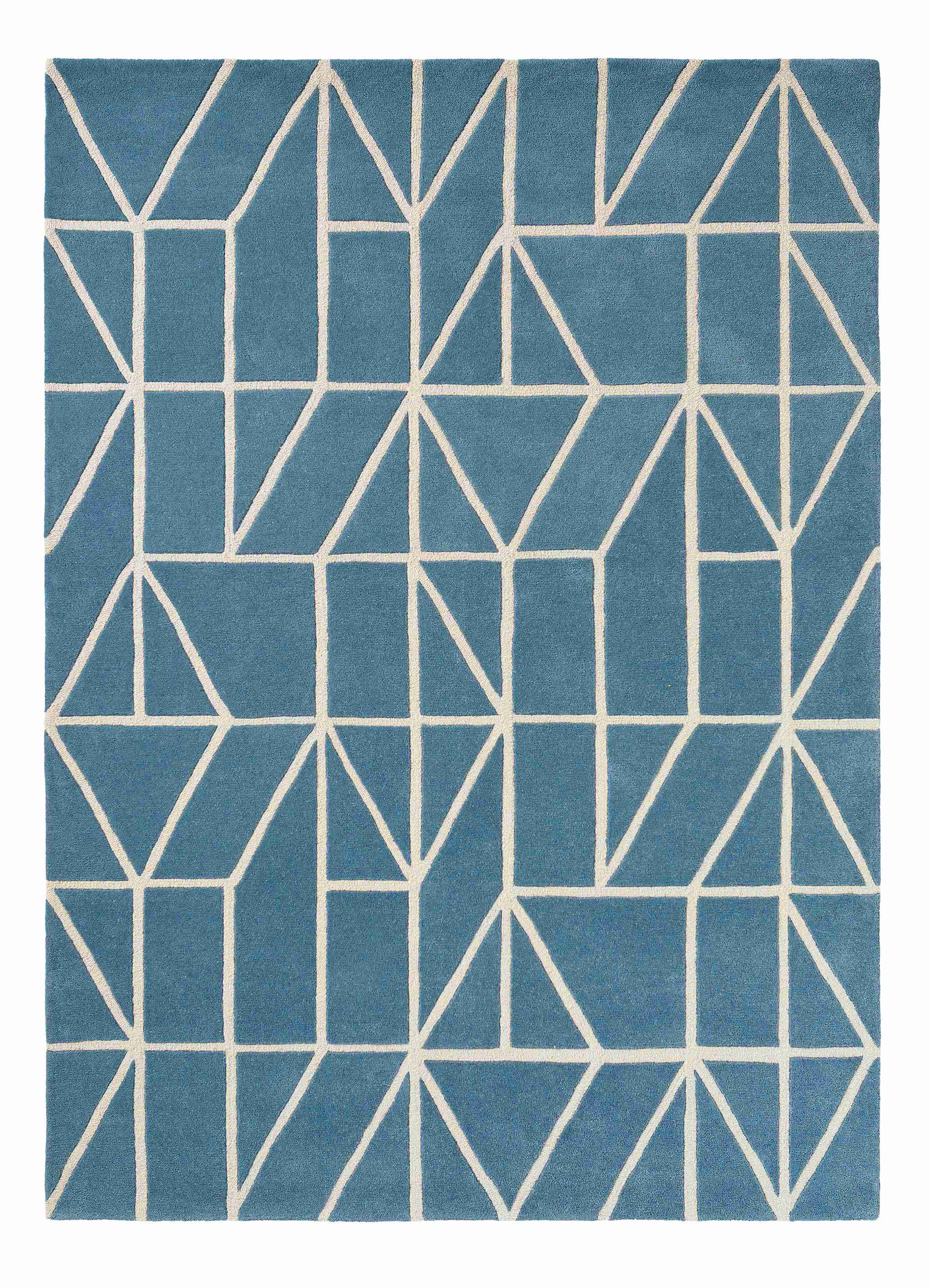 Blue wool rug with white modern geometric line pattern