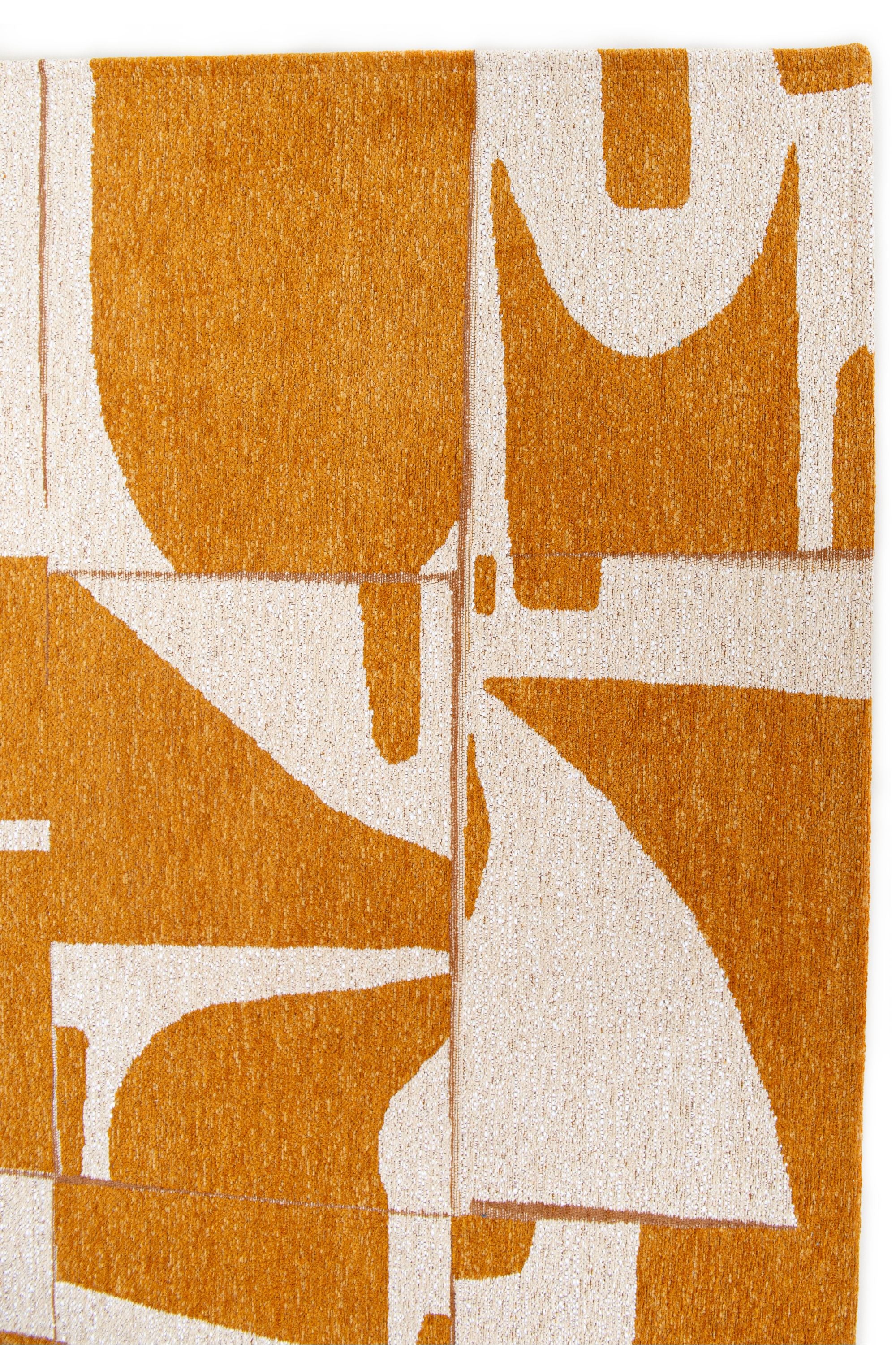 Modern abstract runner rug with yellow patchwork pattern