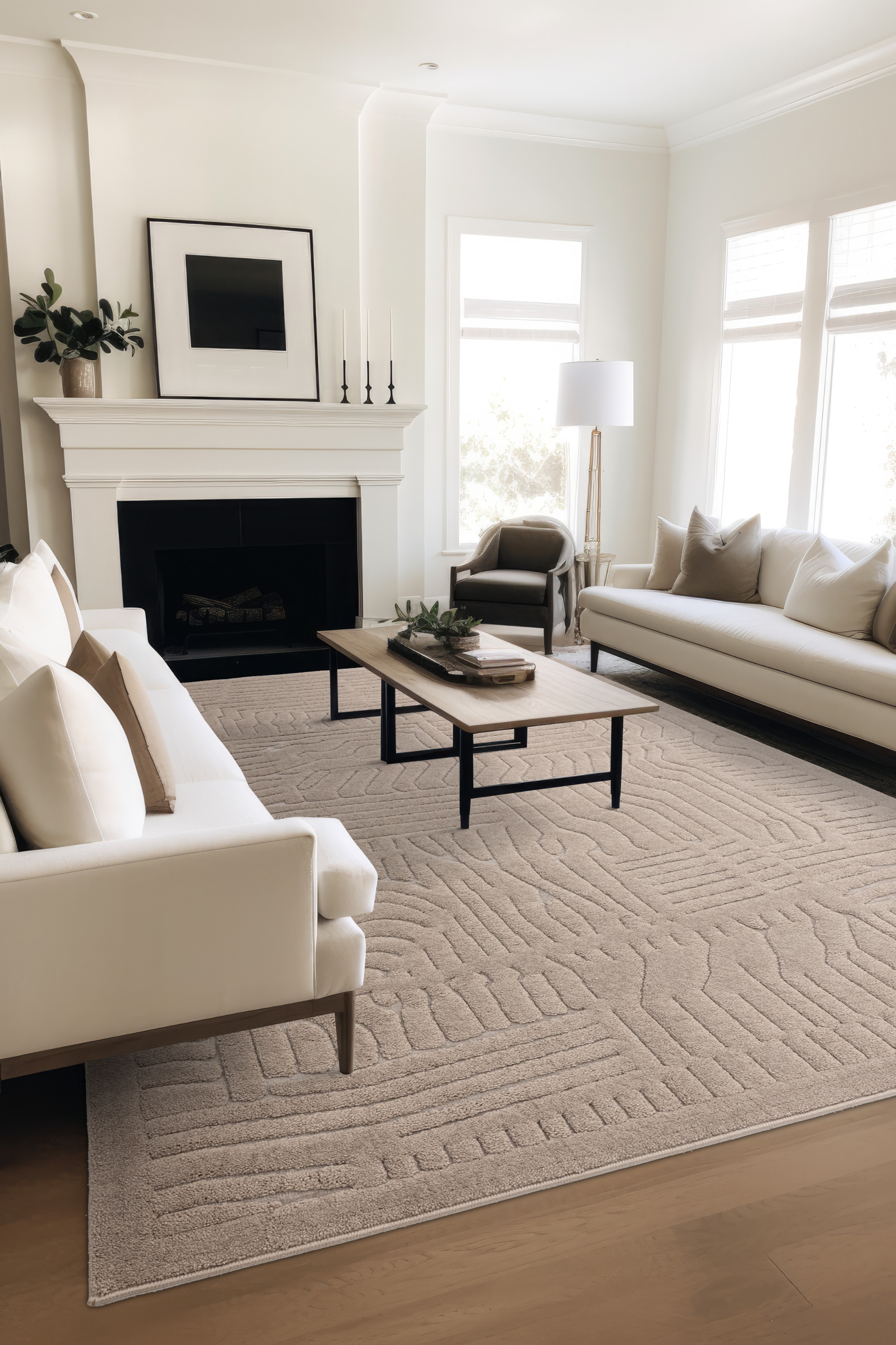 Beige rug with high-low pile and minimal geometric pattern