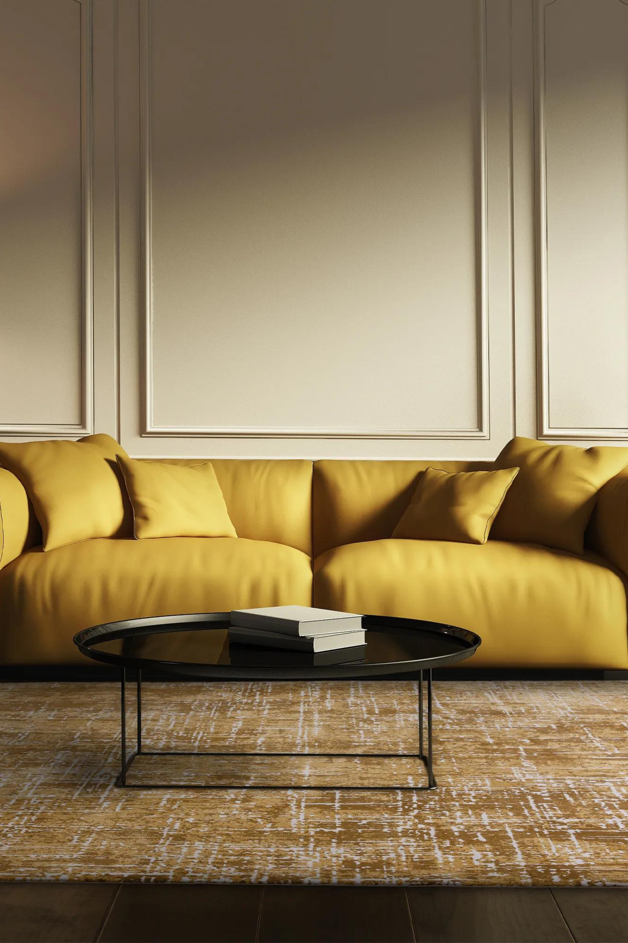 Modern flatweave rug with abstract gold design