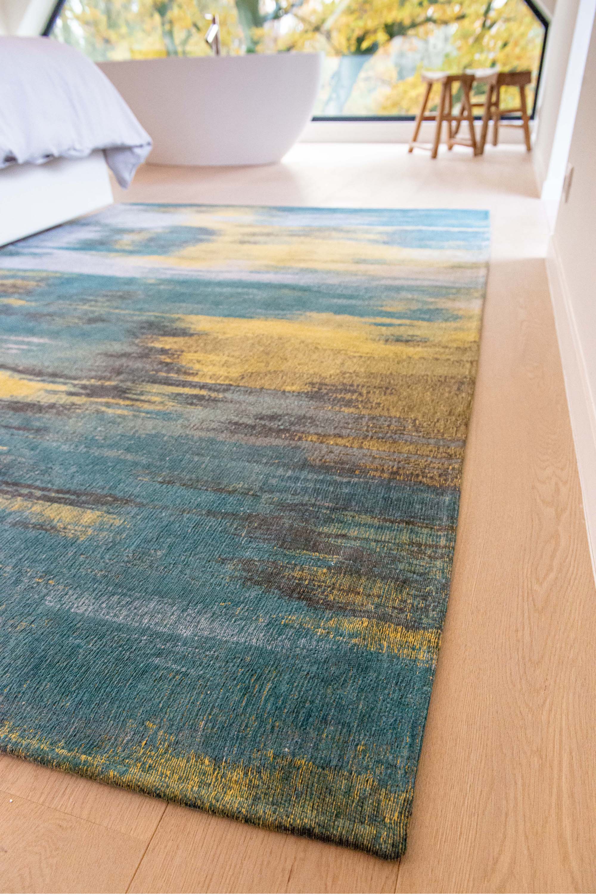 blue and yellow abstract rug