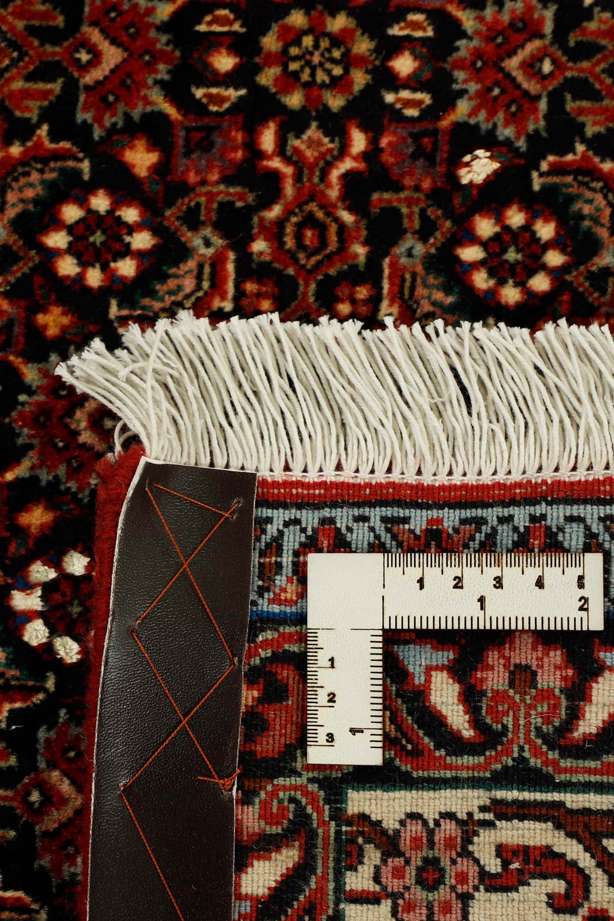 Traditional bordered Bidjar rug in red, cream, and black tones