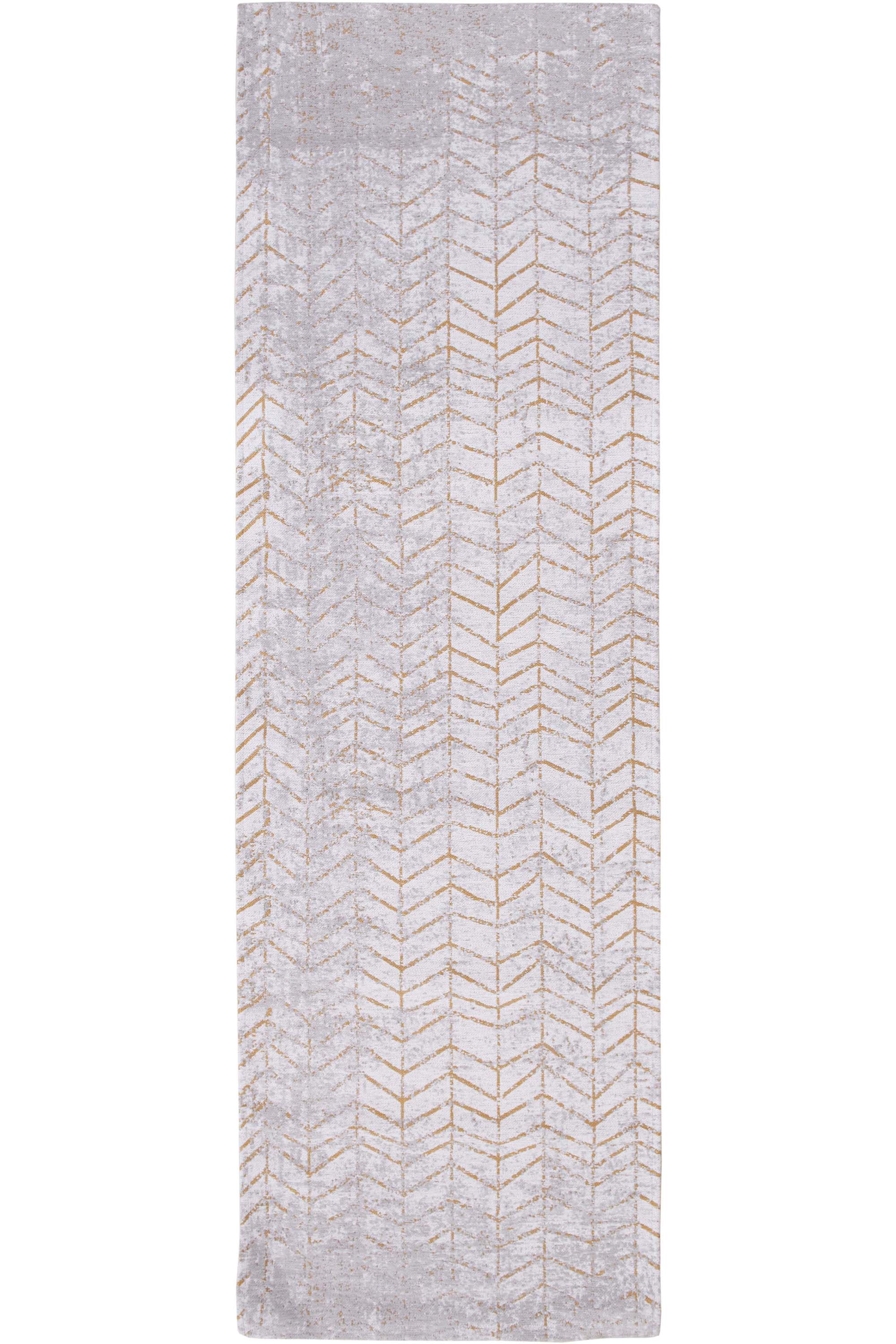 White flatweave runner rug with faded yellow chevron pattern