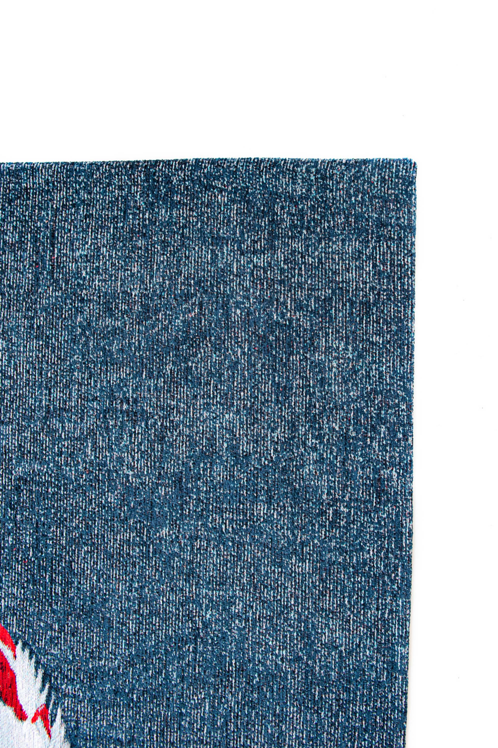 Modern navy rug with detailed koi fish print