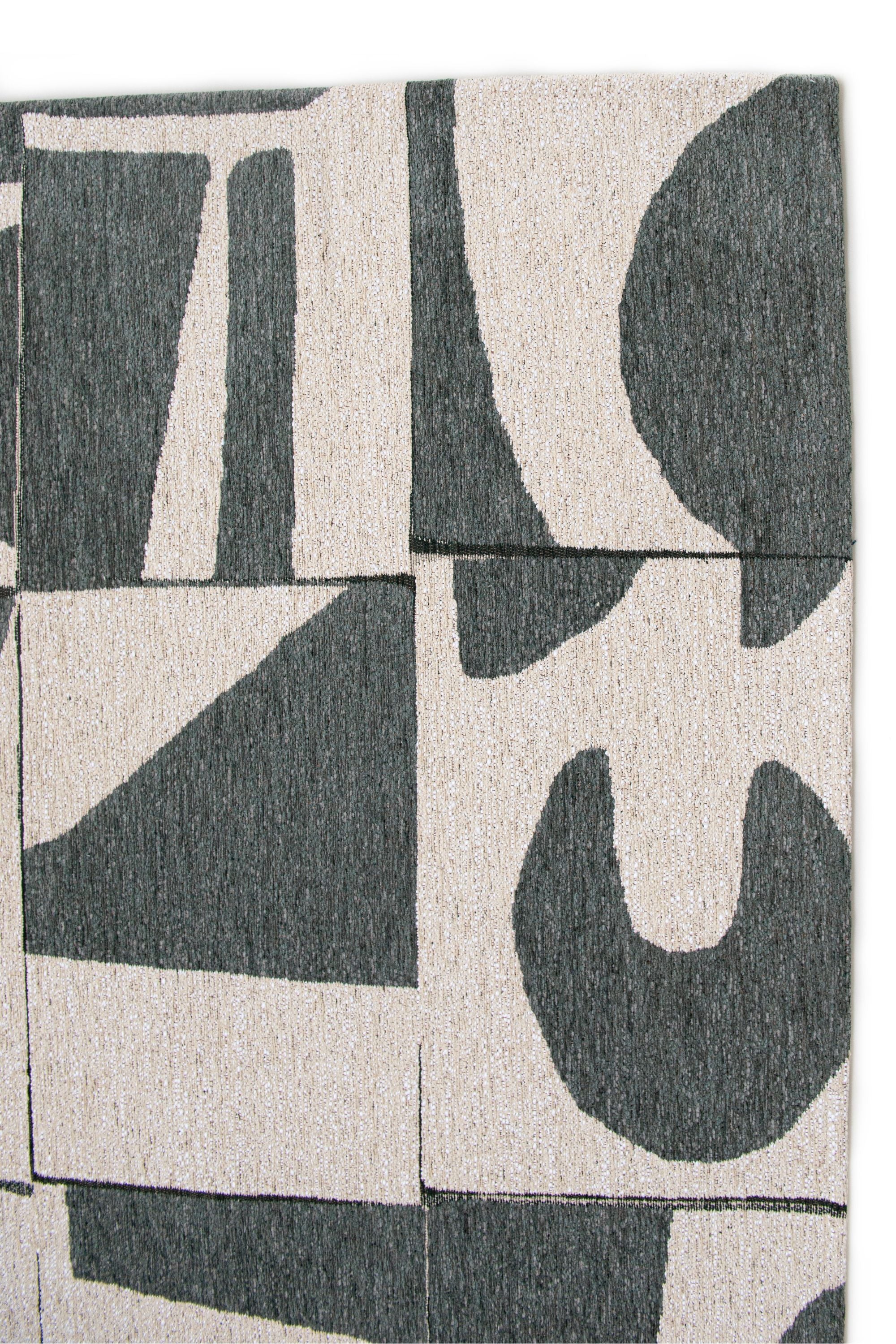 Modern abstract runner rug with green patchwork pattern