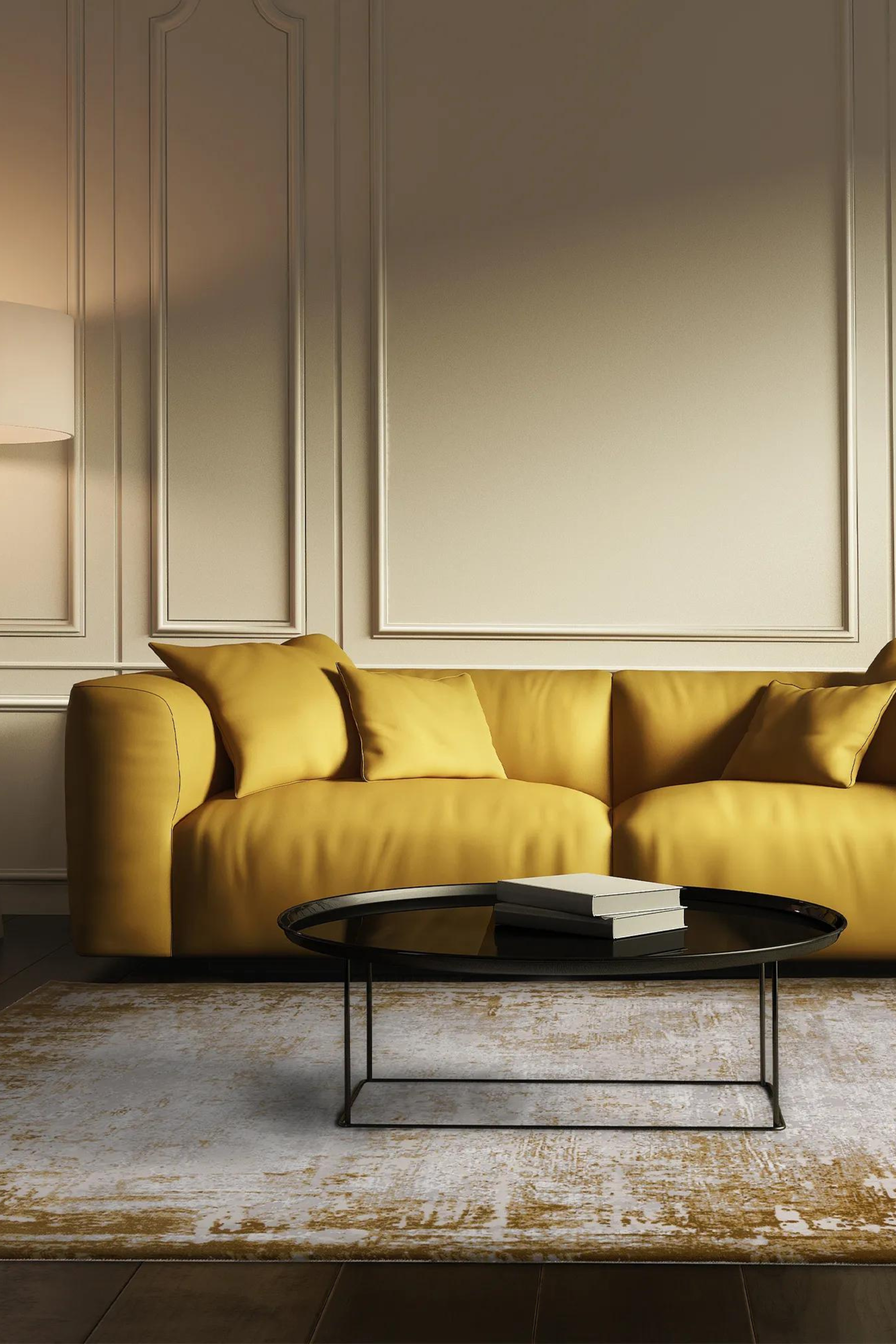 Modern flatweave rug with abstract gold design