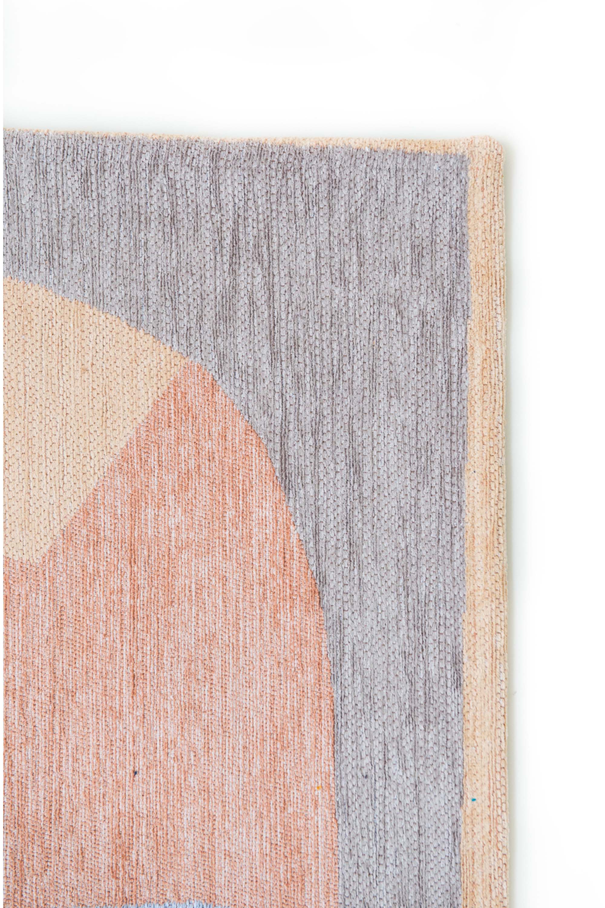 Modern rug with red, blue, white, and grey abstract pattern