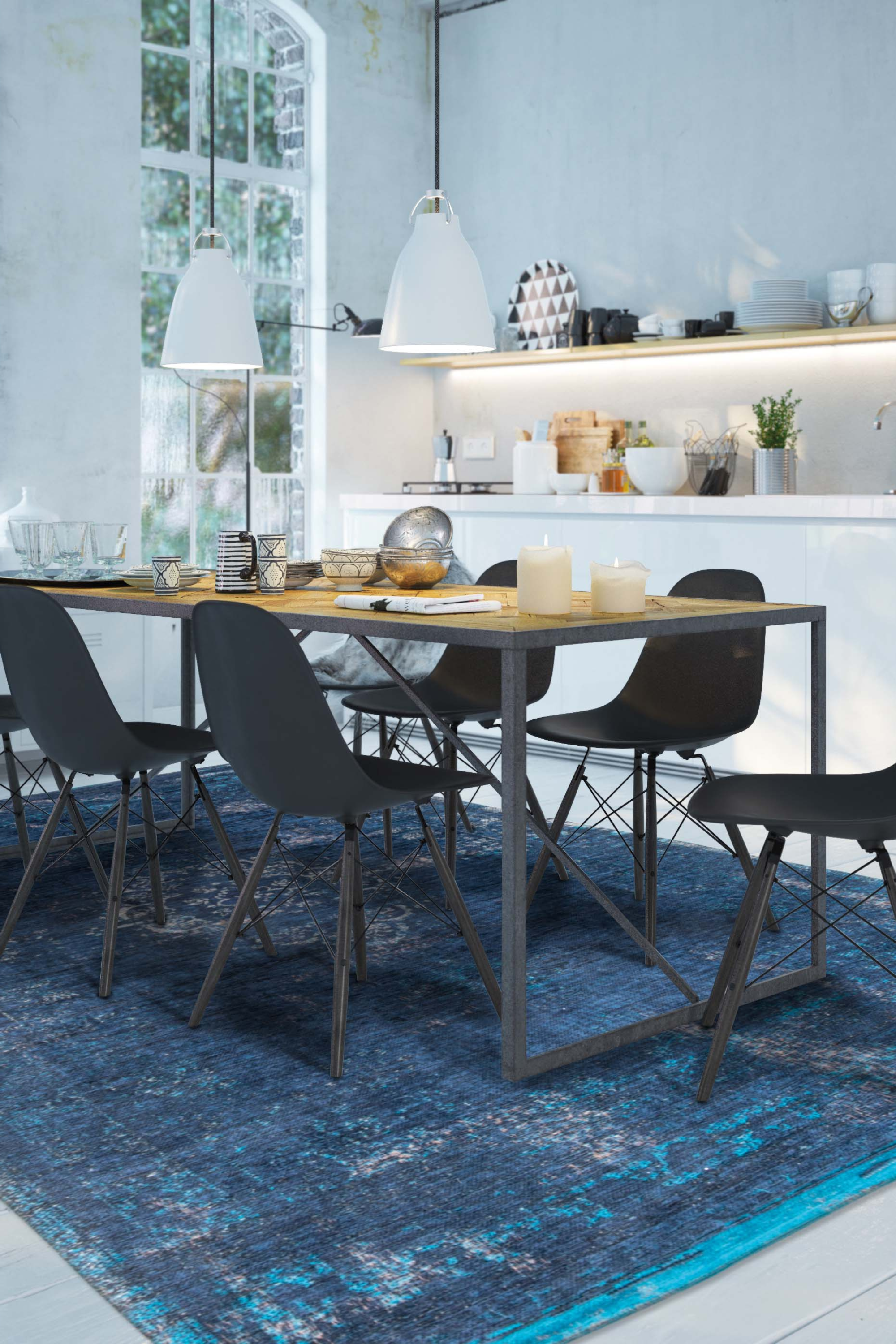 Blue flatweave rug with faded persian design