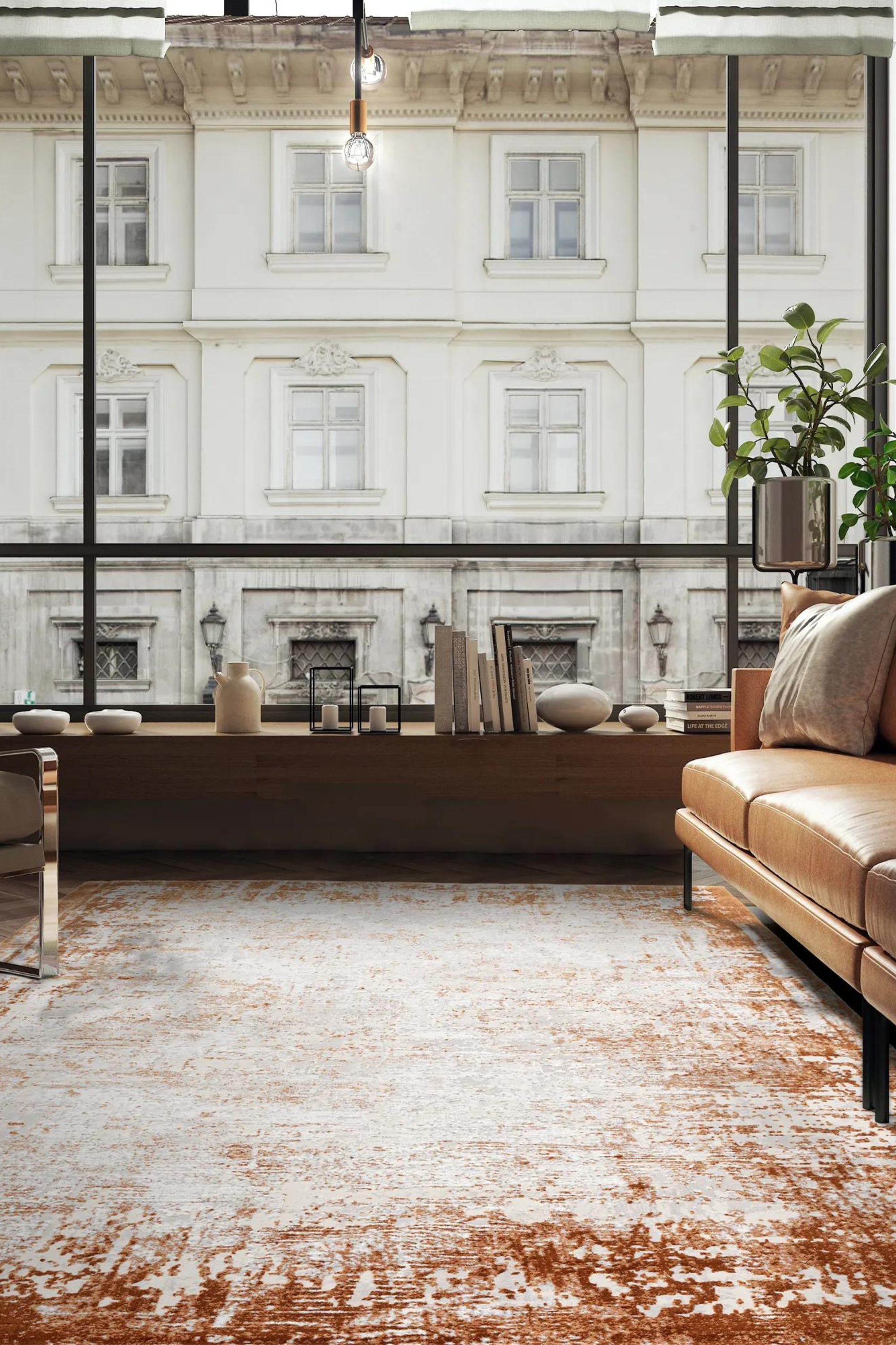 Modern flatweave rug with abstract terracotta design
