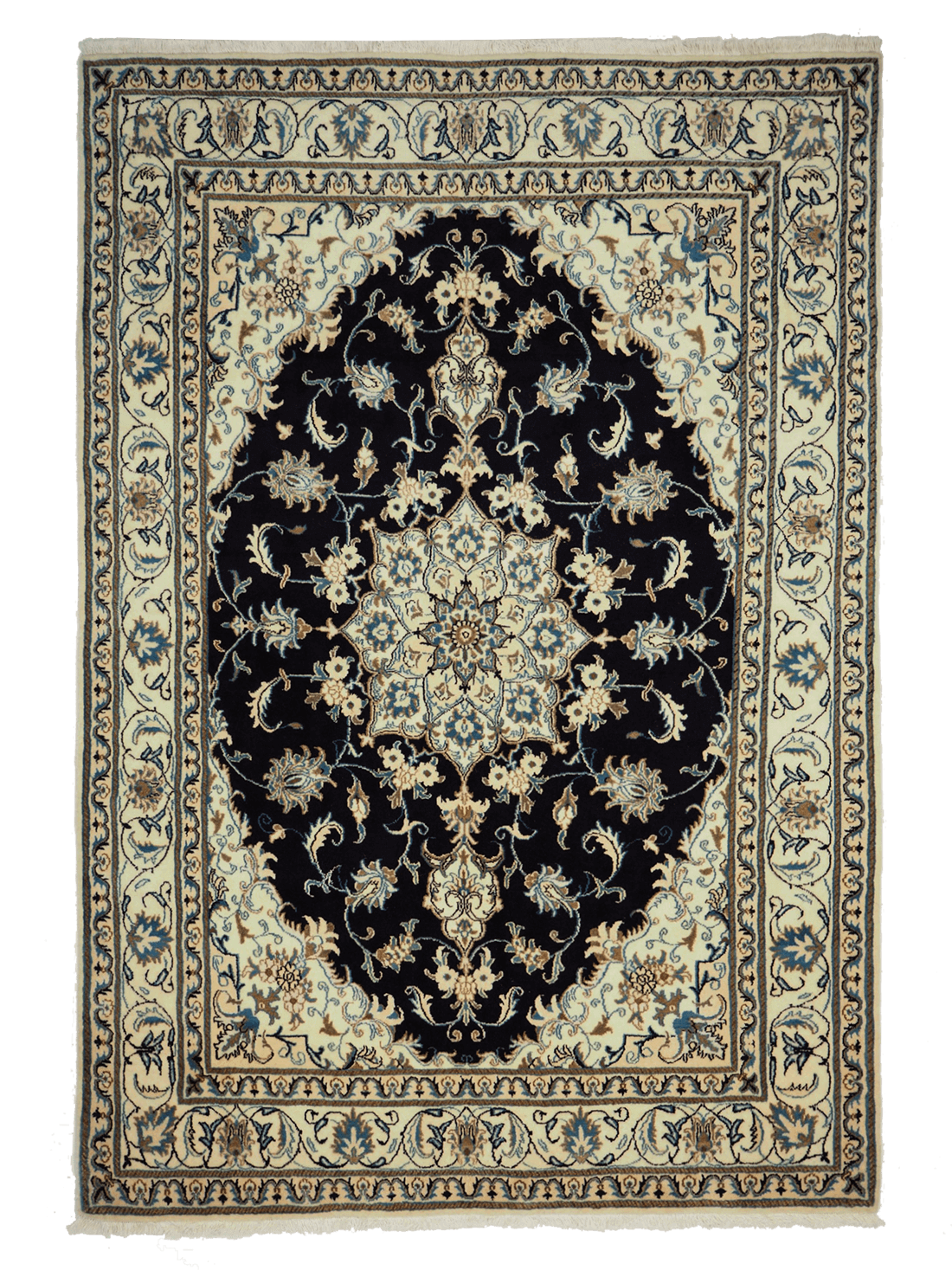 Authentic persian rug with a traditional floral design in cream and blue
