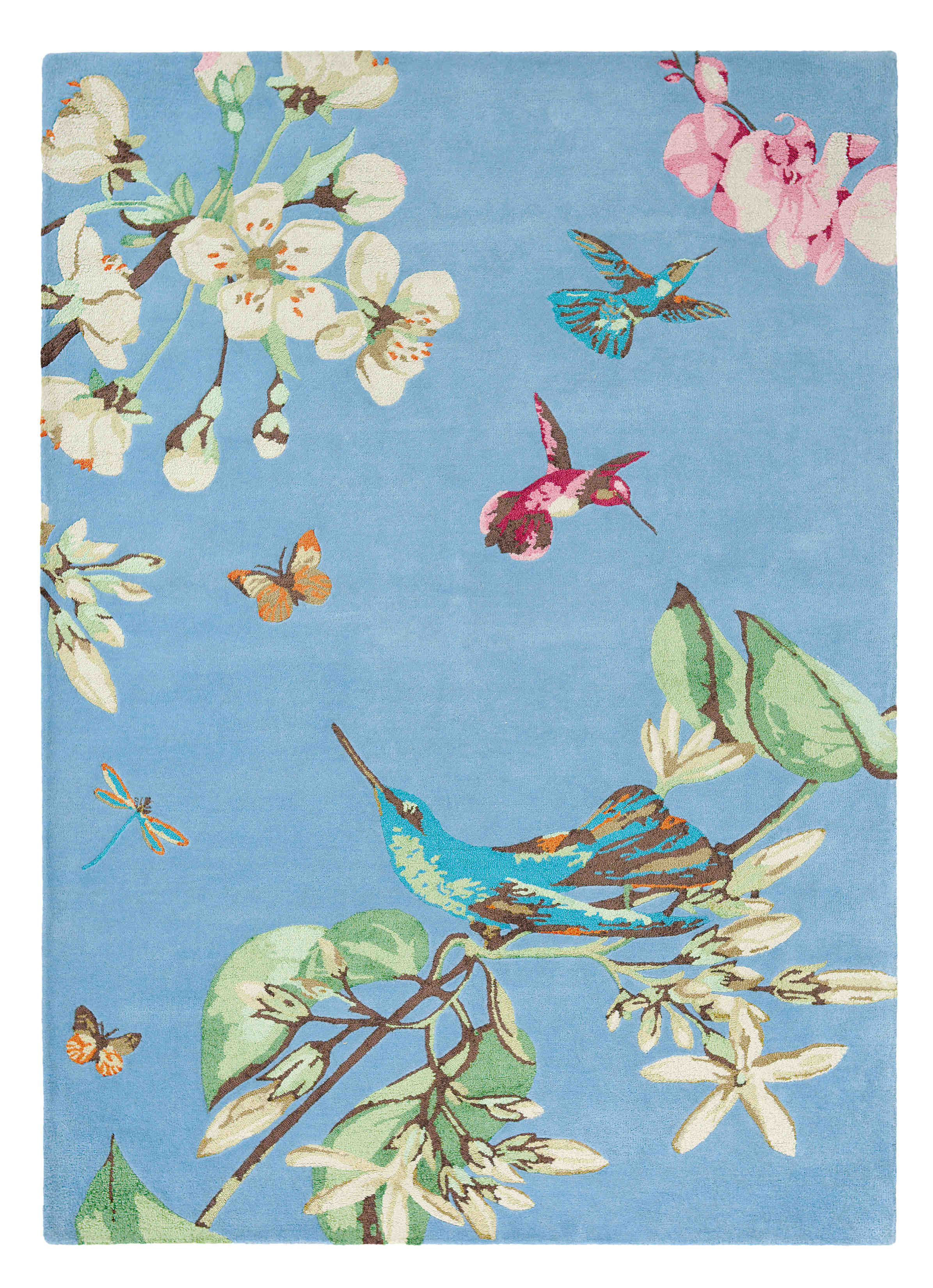 Rectangular blue rug decorated with flowers, leaves and hummingbirds