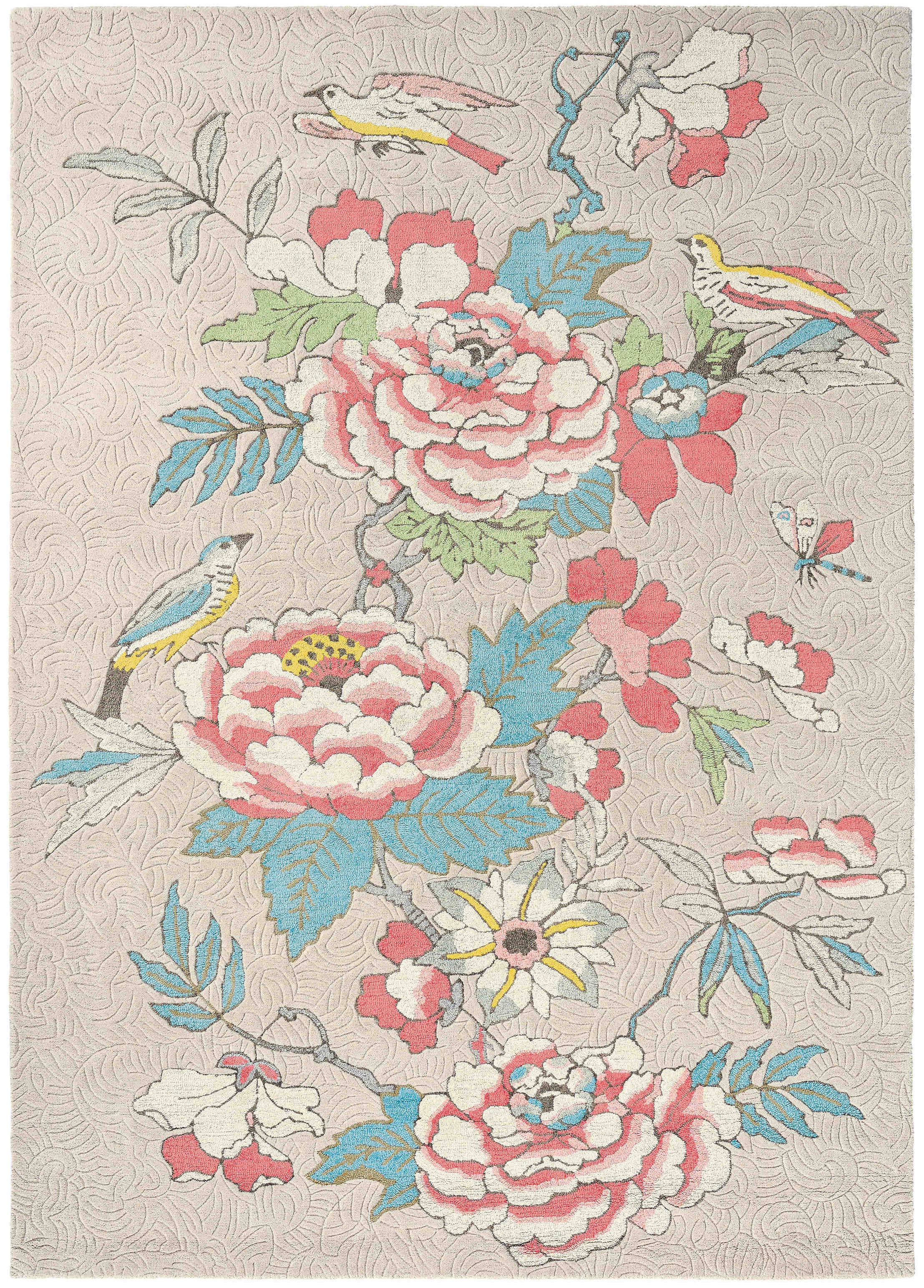 Rectangular pink rug decorated with coral and blue peonies, roses and birds
