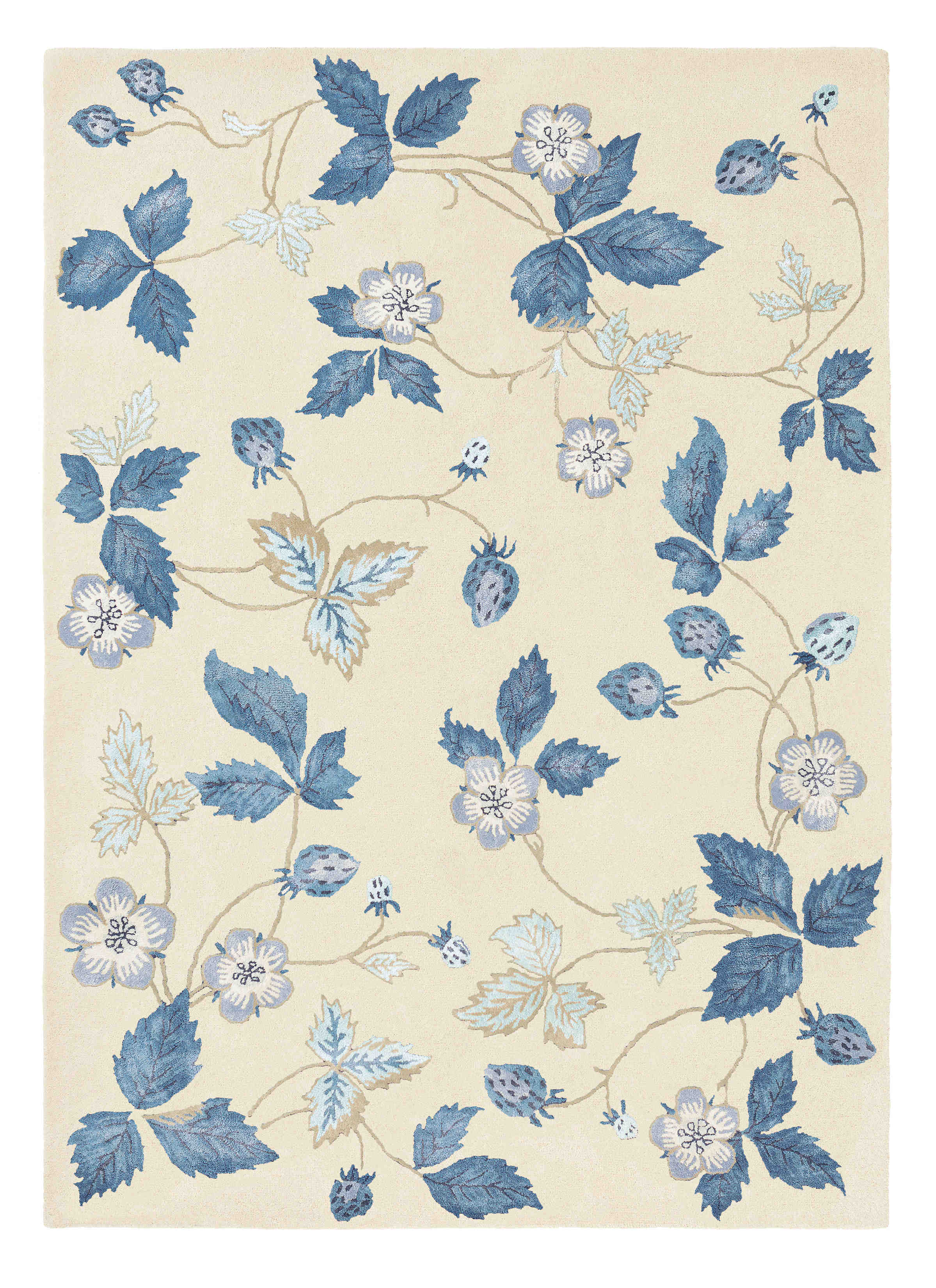 Rectangular cream rug decorated with blue flowers, strawberries, leaves and silver details