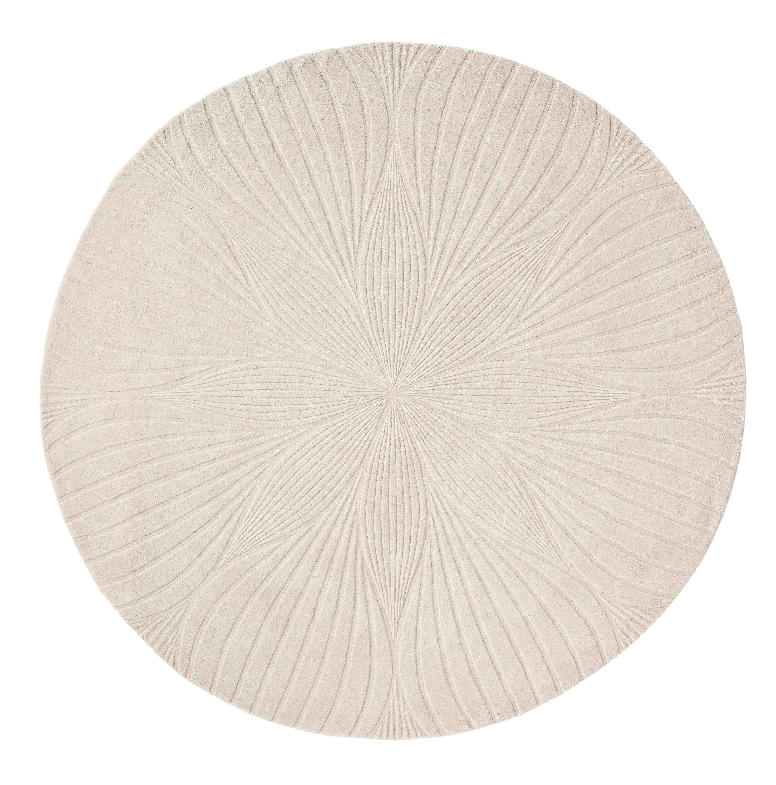 Round beige rug with engraved floral botanical pattern