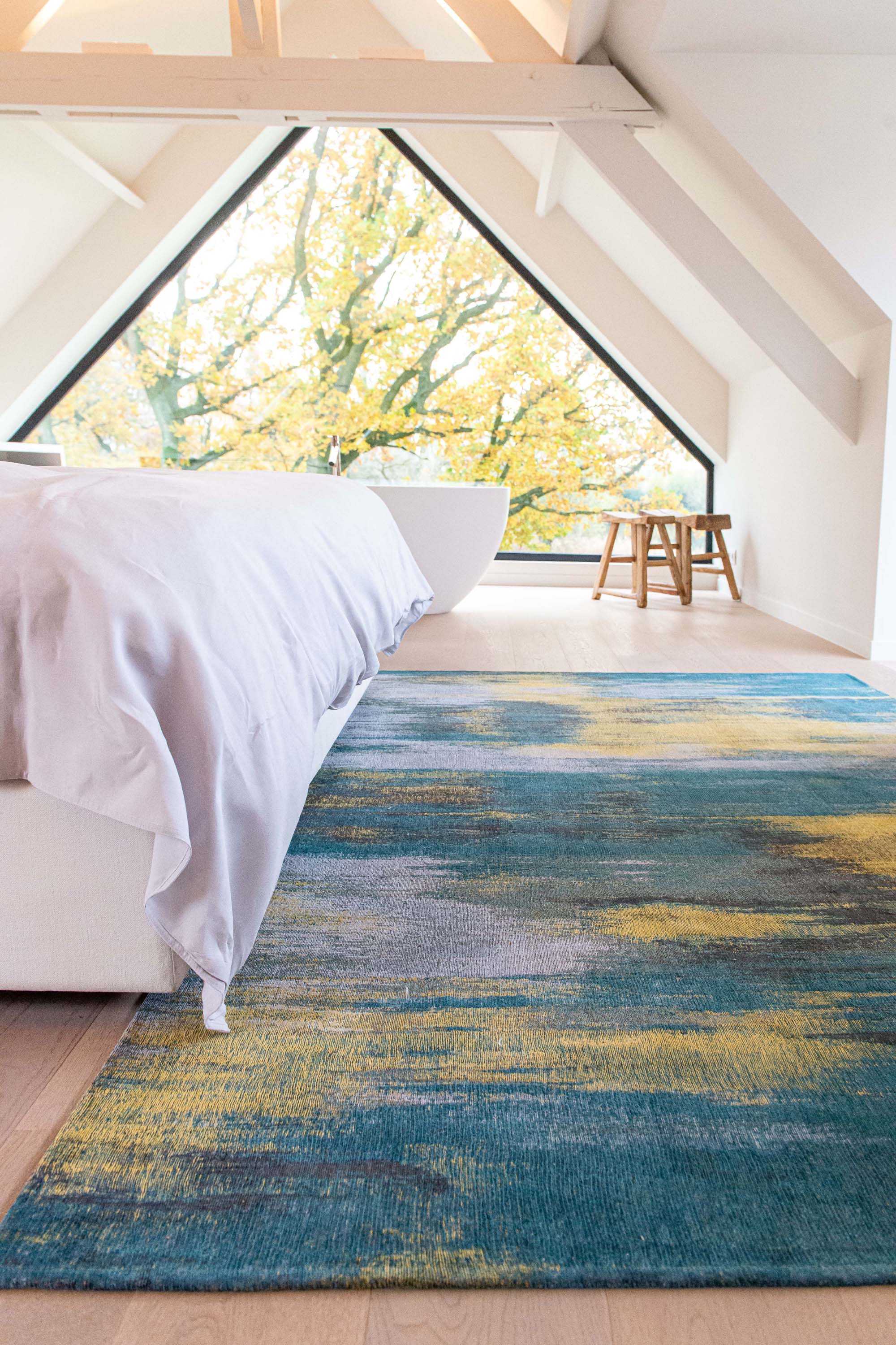 blue and yellow abstract rug