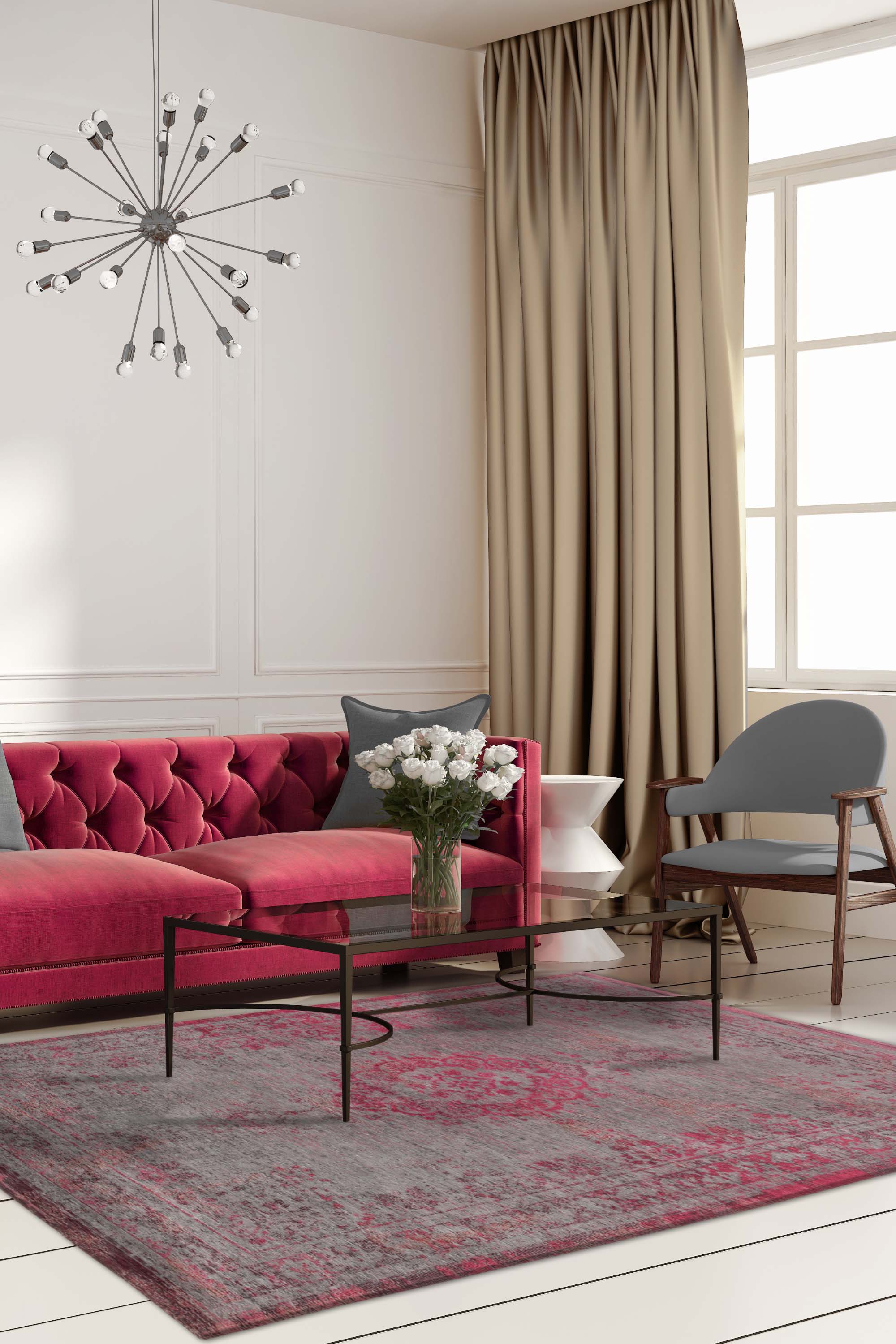 Grey and pink flatweave rug with faded persian design