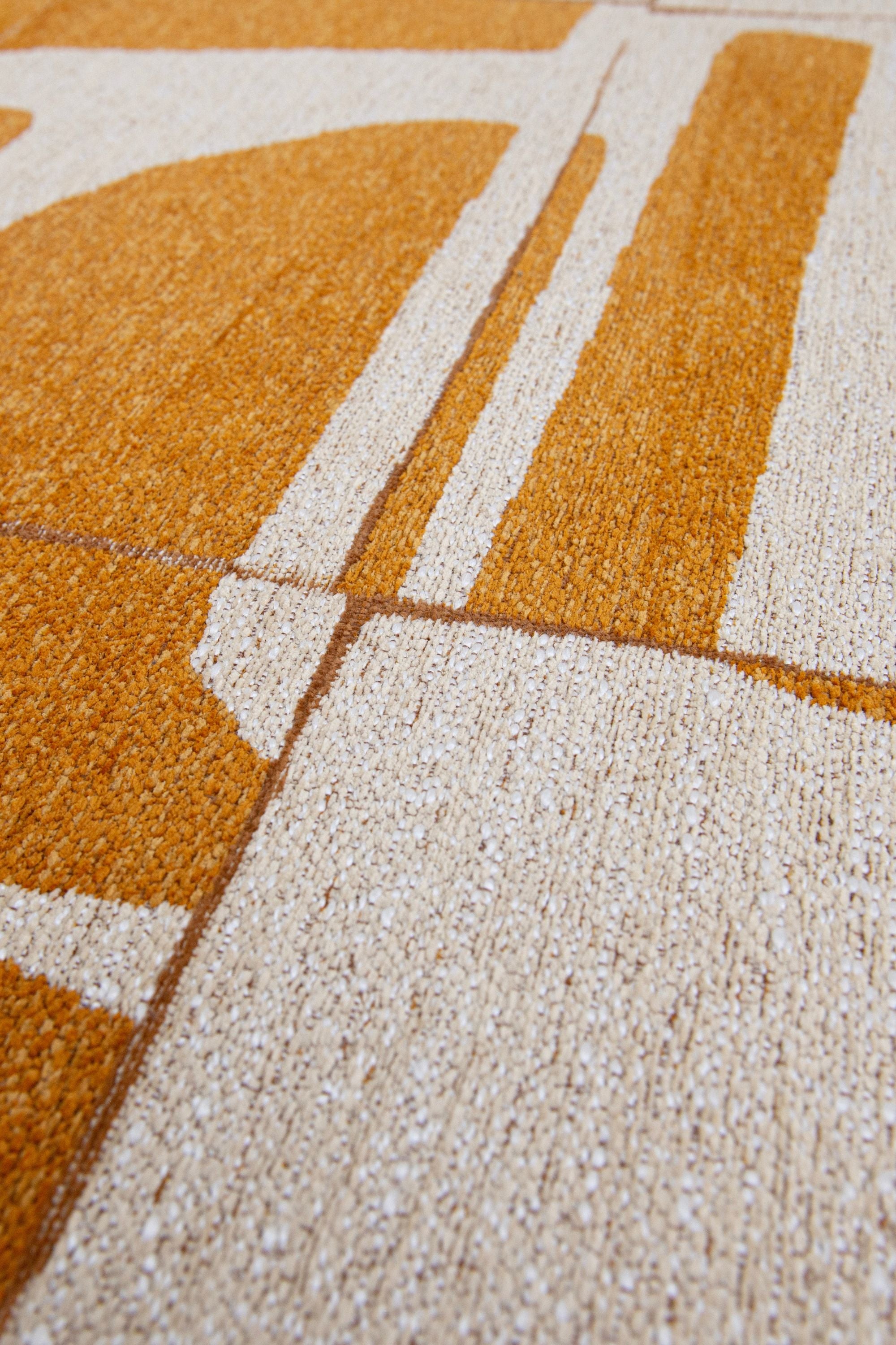 Modern abstract runner rug with yellow patchwork pattern