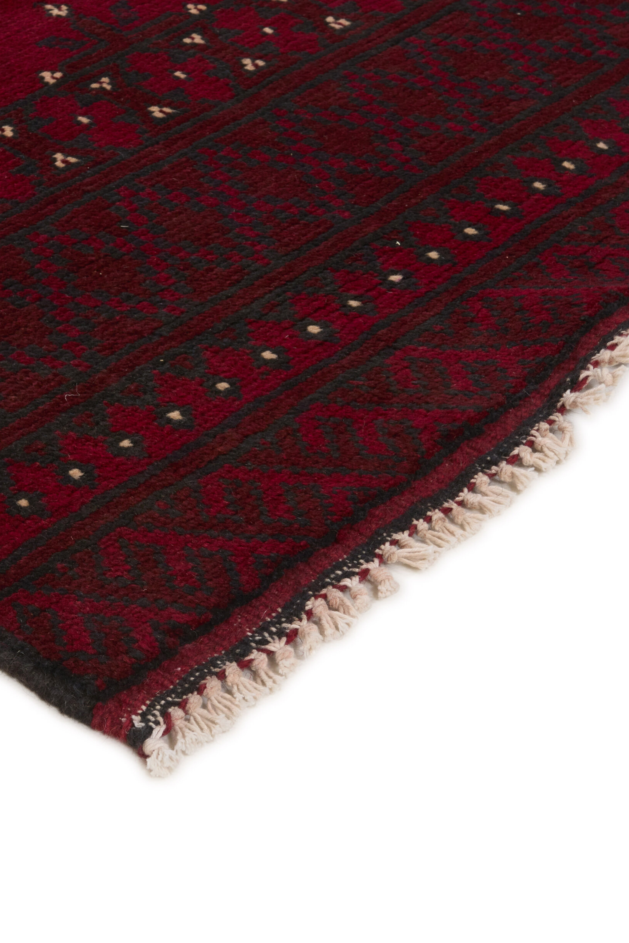 Red oriental wool runner with a traditional elephant's foot pattern