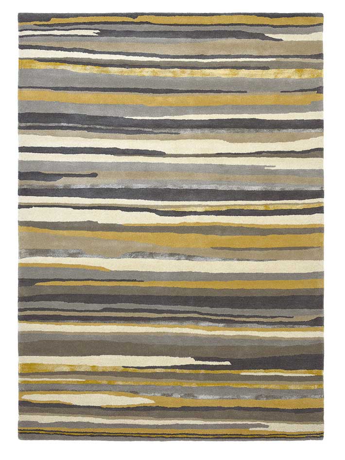 Rectangular rug with abstract stripe pattern in beige, brown, cream and gold hues