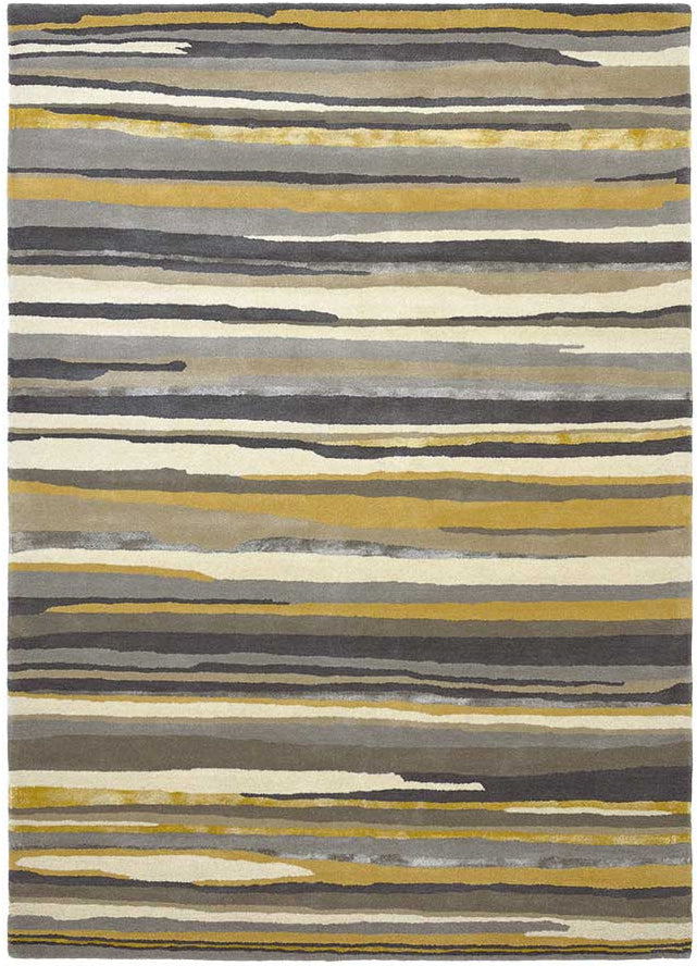 Rectangular rug with abstract stripe pattern in beige, brown, cream and gold hues