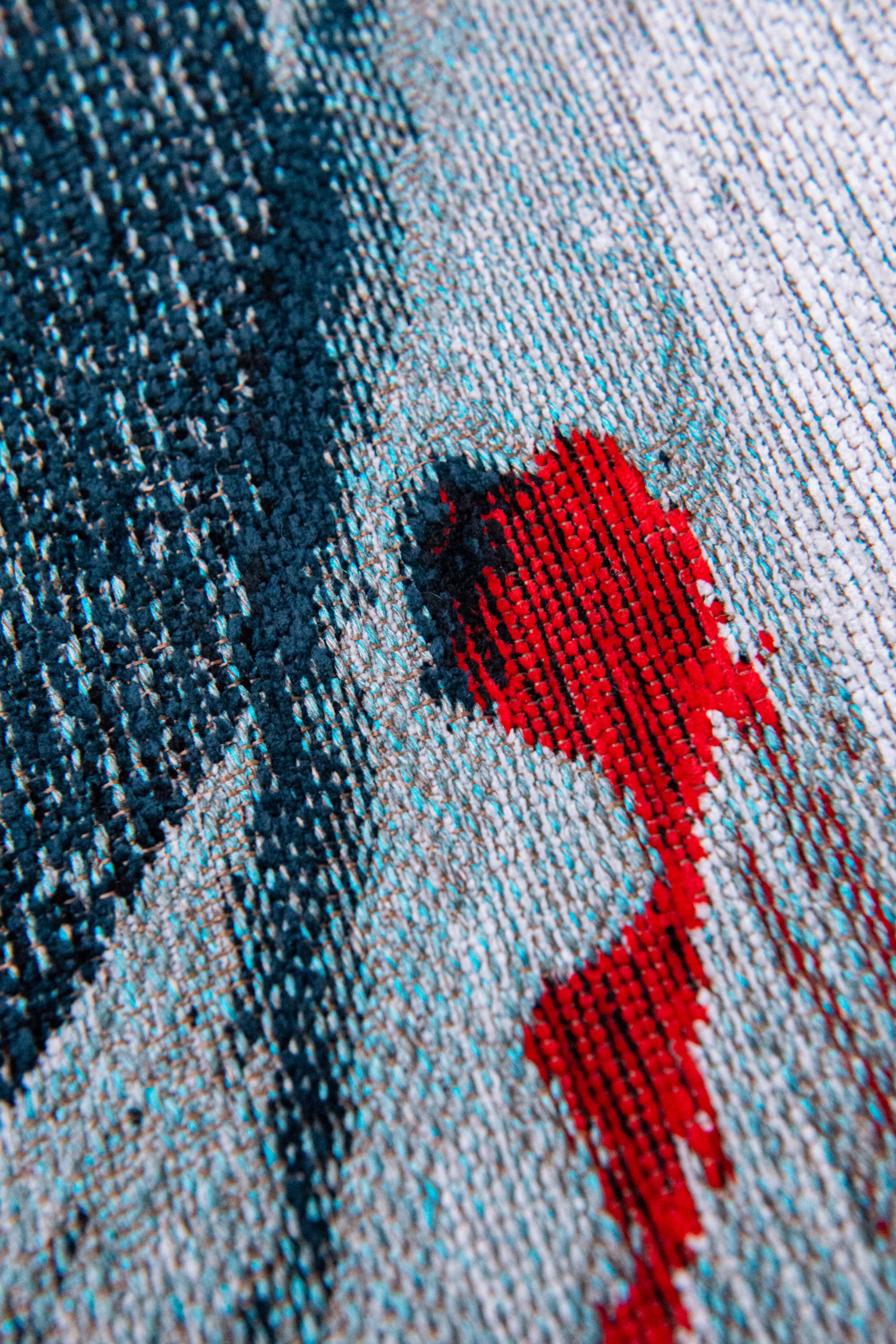 Modern navy rug with detailed koi fish print