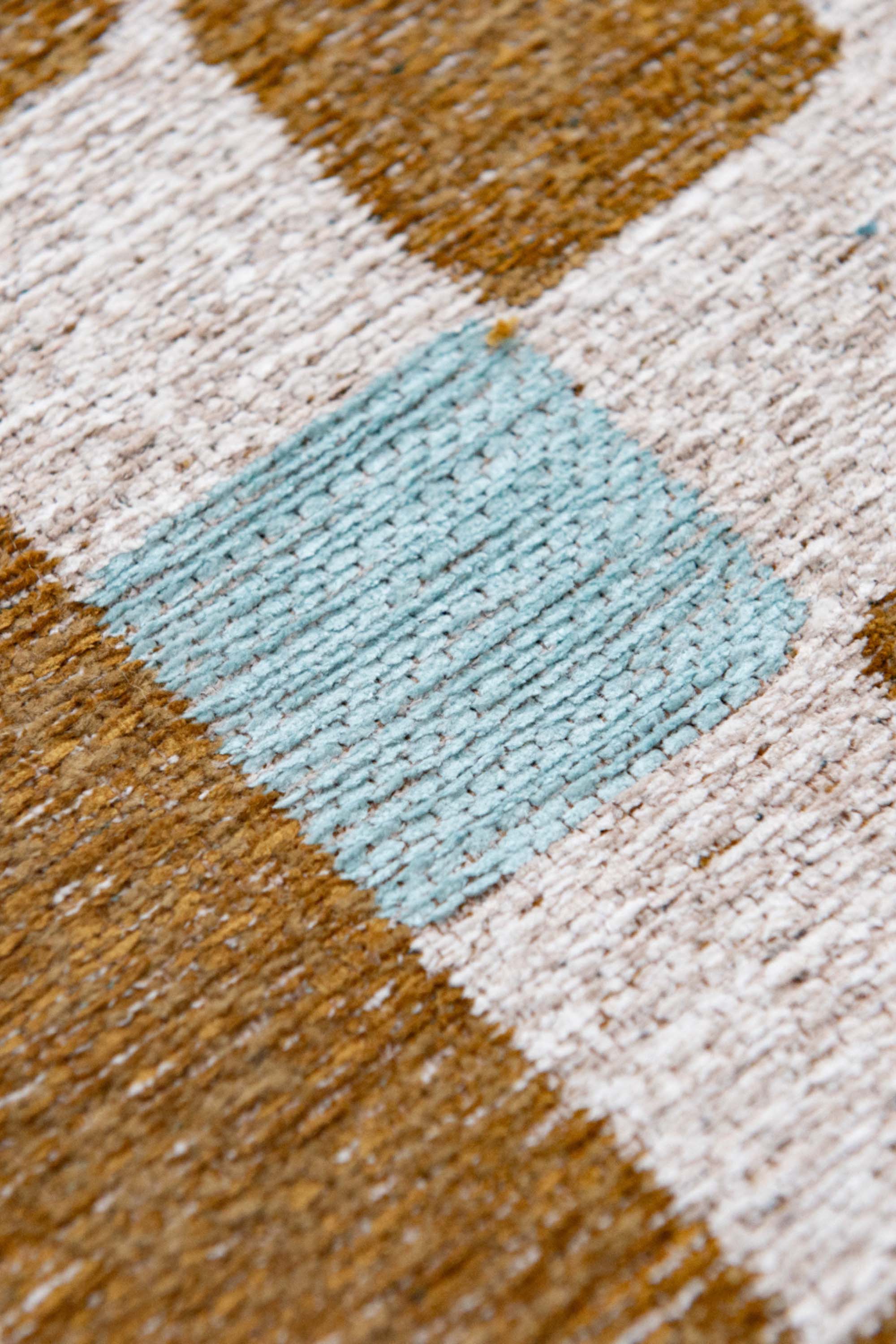 Abstract geometric rug with yellow, green, and white tones