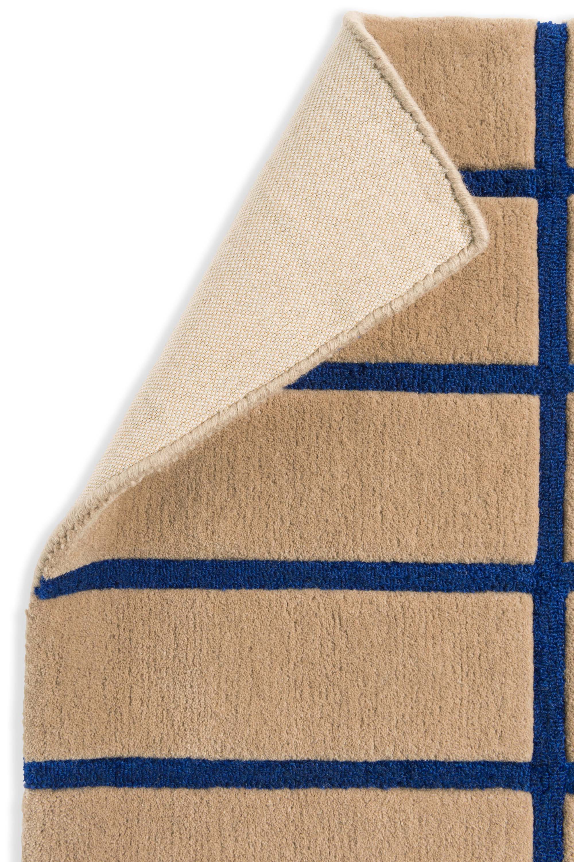 Geometric rug with blue grid pattern