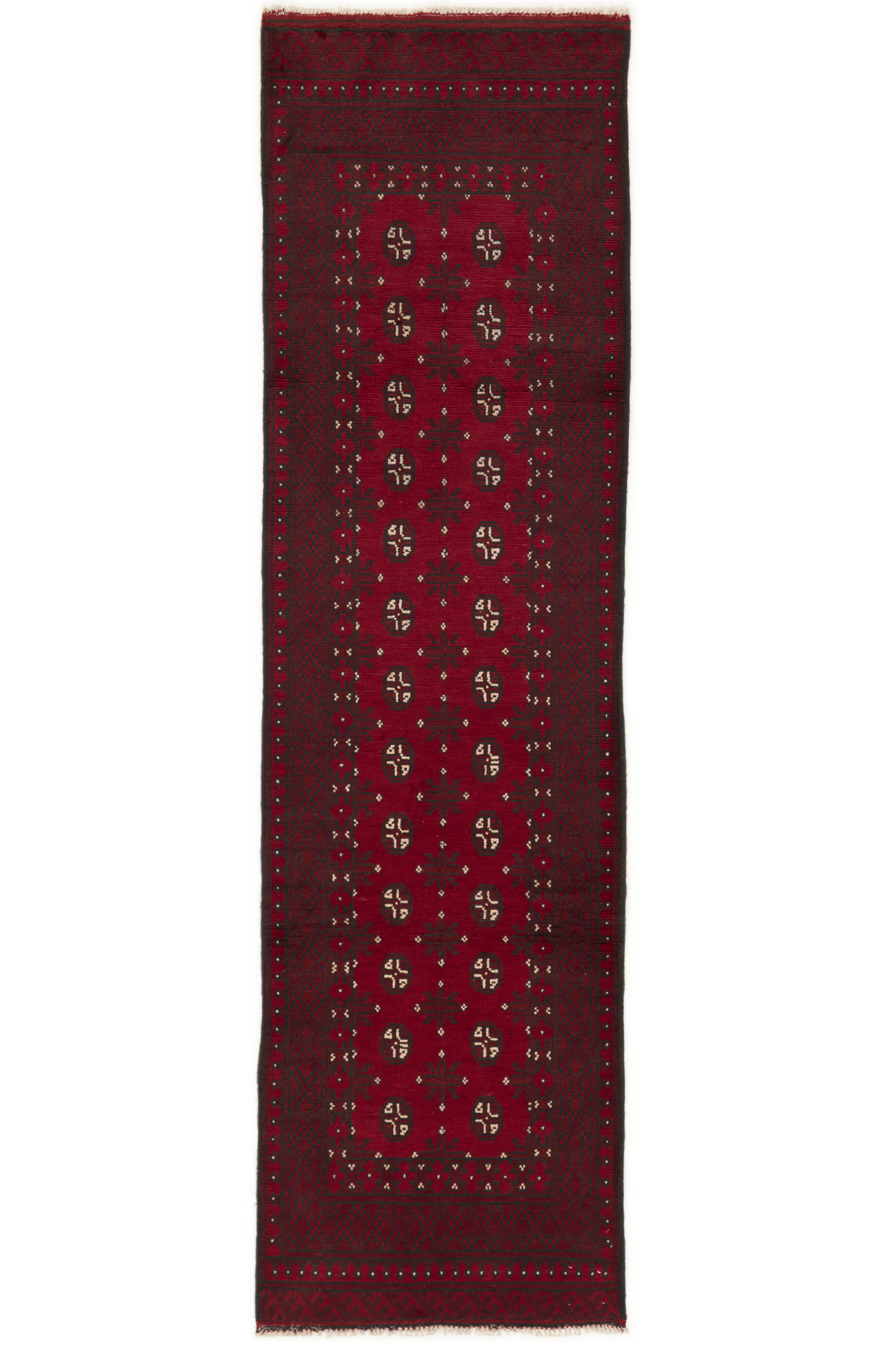 Red oriental wool runner with a traditional elephant's foot pattern