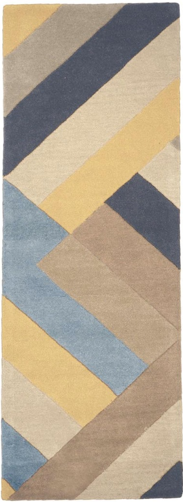 multicolour geometric runner in mustard yellow, blue and grey