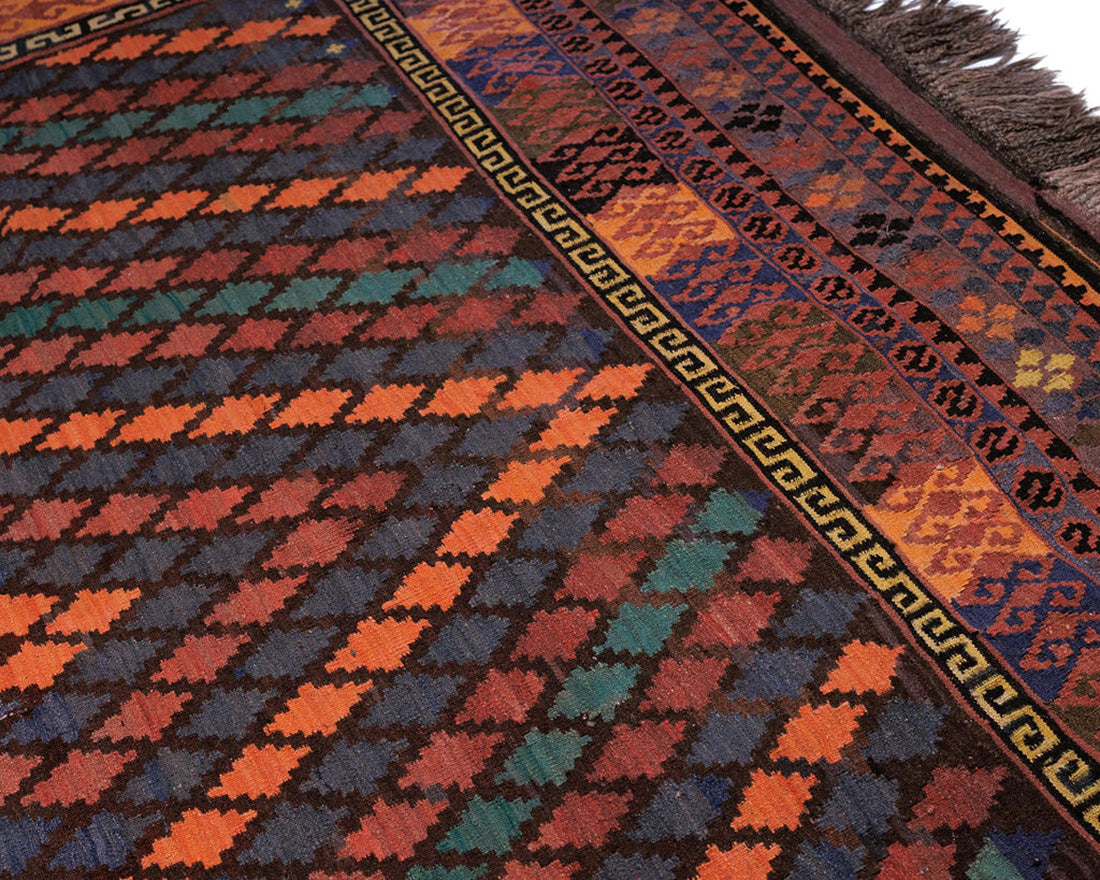authentic oriental kelim flatweave large rug with traditional geometric design in red multicolour