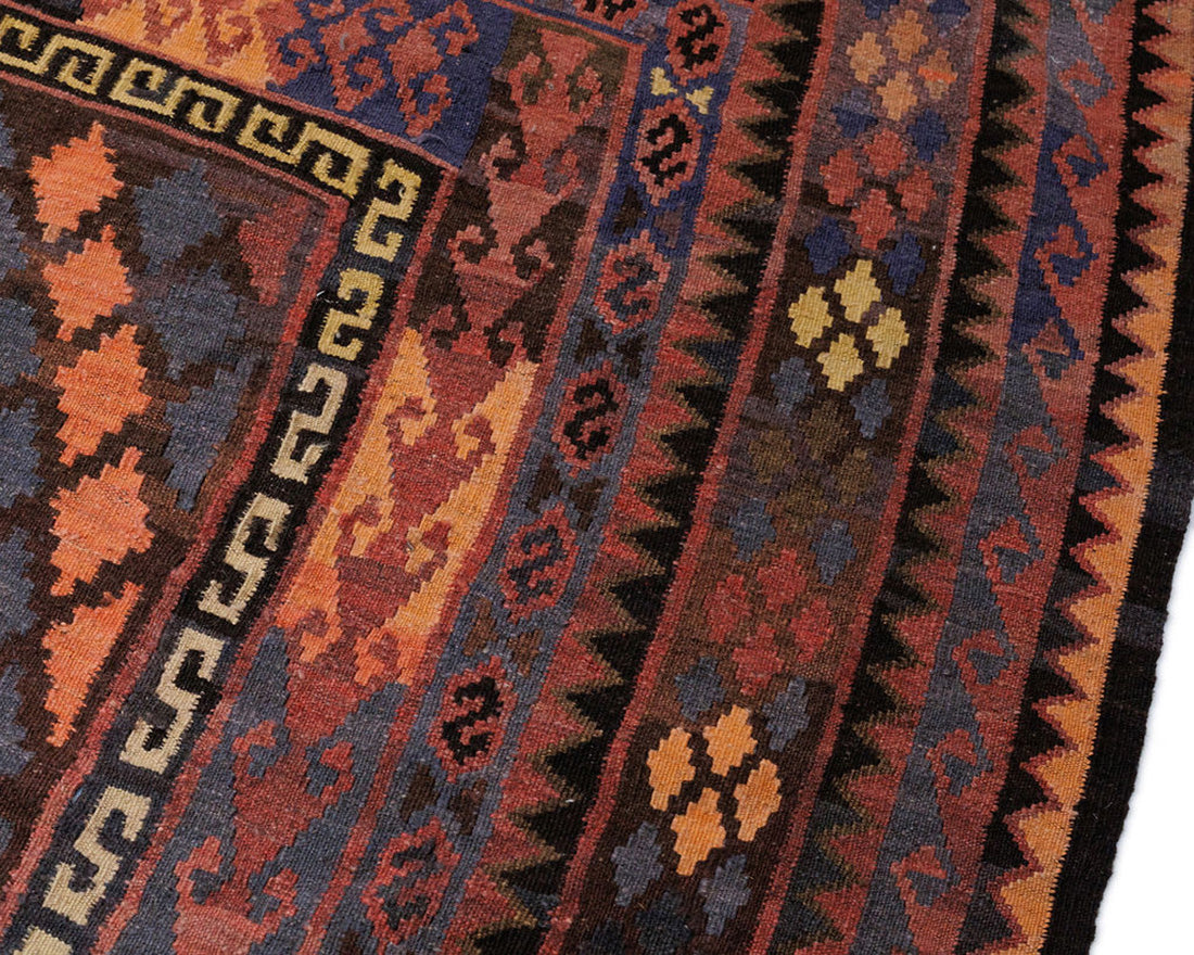 authentic oriental kelim flatweave large rug with traditional geometric design in red multicolour